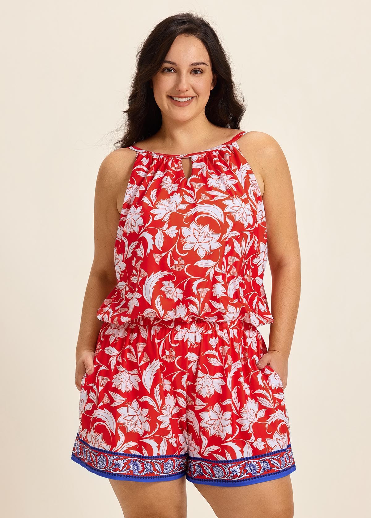 Curvy Red Floral Keyhole Neck Flattering Pocket Women's Swimsuit One Piece Swim Romper