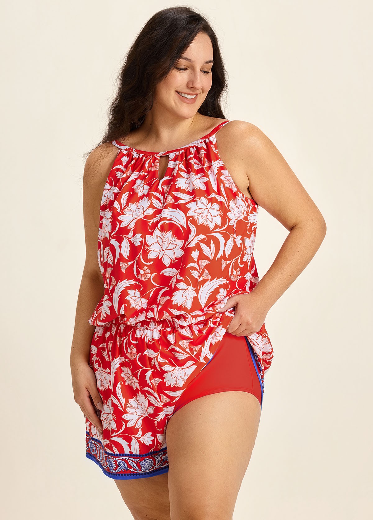 Curvy Red Floral Keyhole Neck Flattering Pocket Women's Swimsuit One Piece Swim Romper