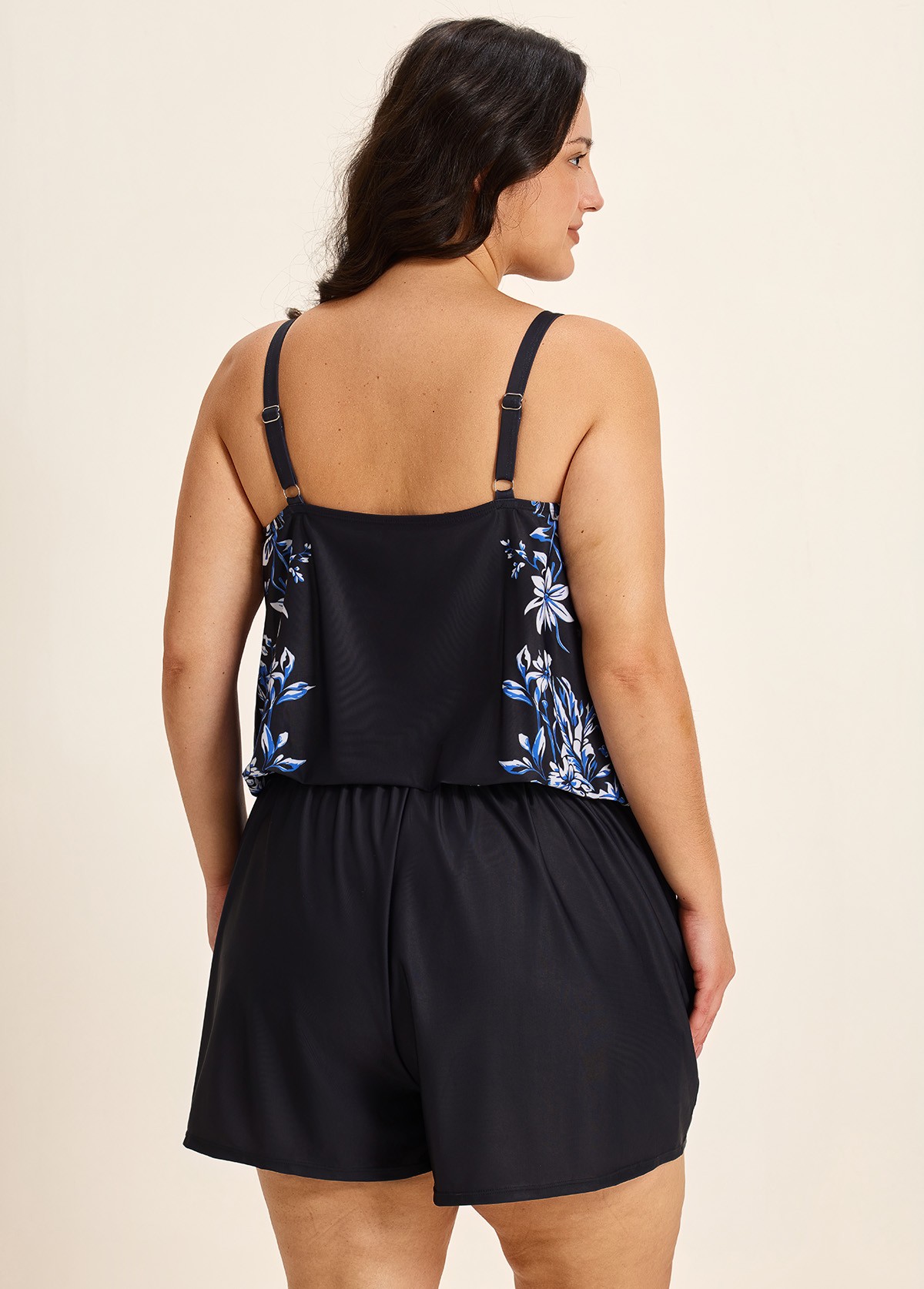 Black Floral Keyhole Neck Flattering Pocket Curvy Women's Swimsuit One Piece Swim Romper