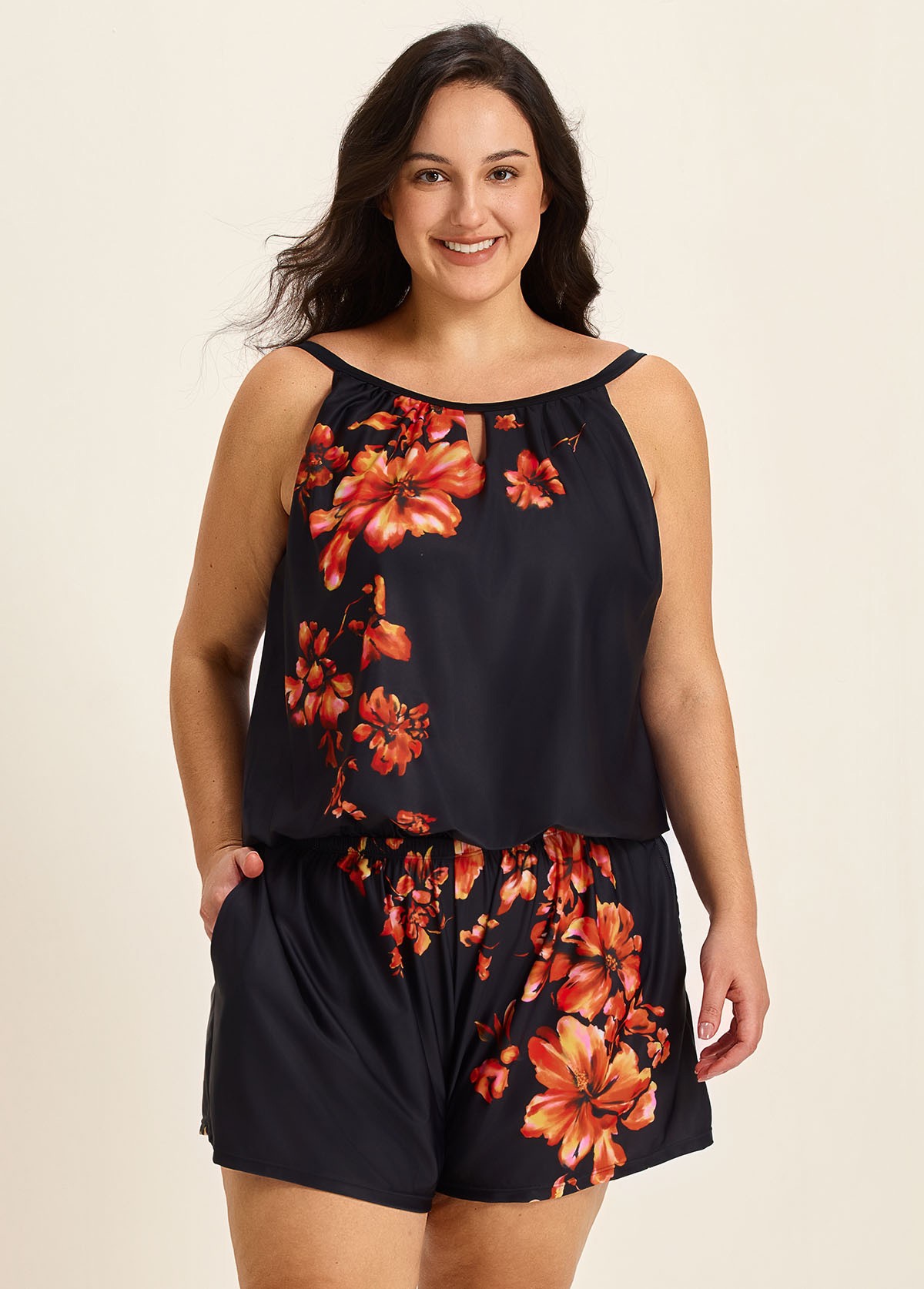 Curvy Red Tropical Floral Keyhole Neck Modest Pocket Women's Swimsuit One Piece Swim Romper