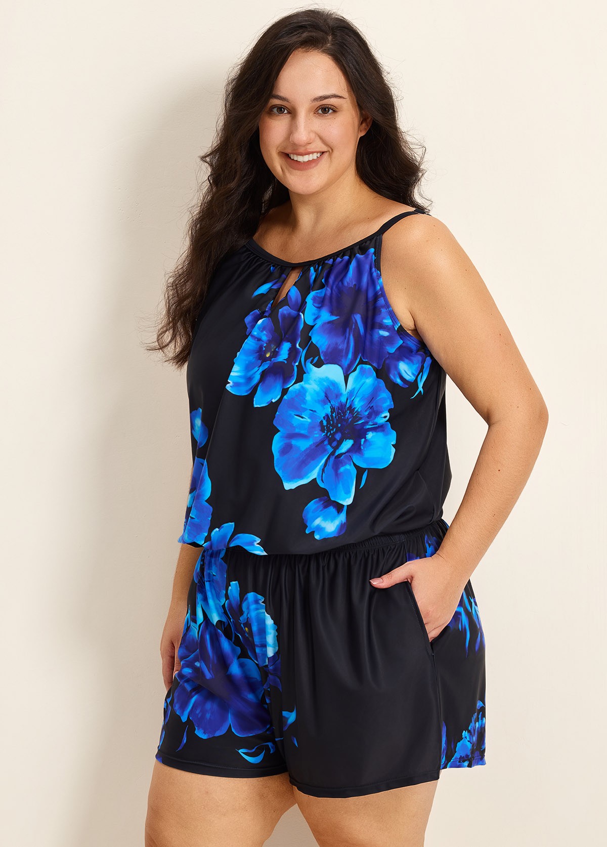 Blue Floral High Neck Flattering Pocket Plus Size Women's Swimsuit One Piece Swim Romper