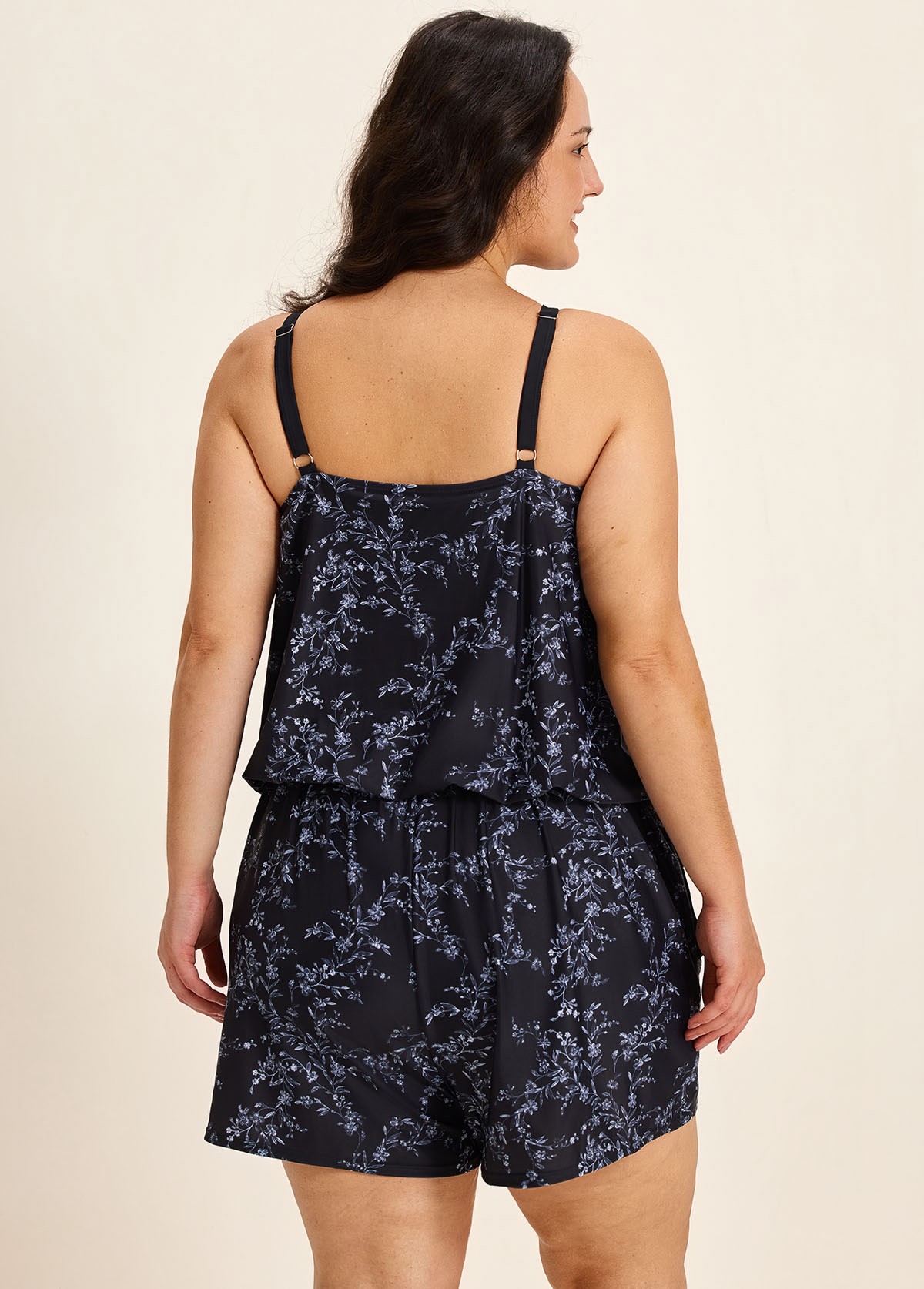 Plus Size Black Floral High Neck Vintage Pocket Women's Swimsuit One Piece Swim Romper