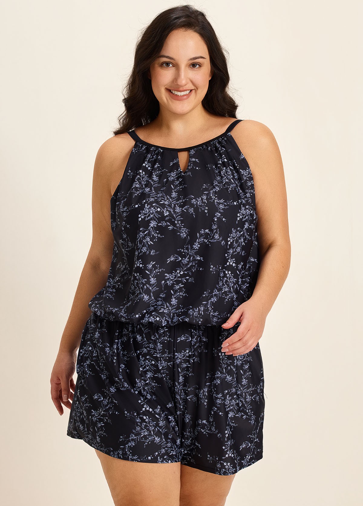 Plus Size Black Floral High Neck Vintage Pocket Women's Swimsuit One Piece Swim Romper