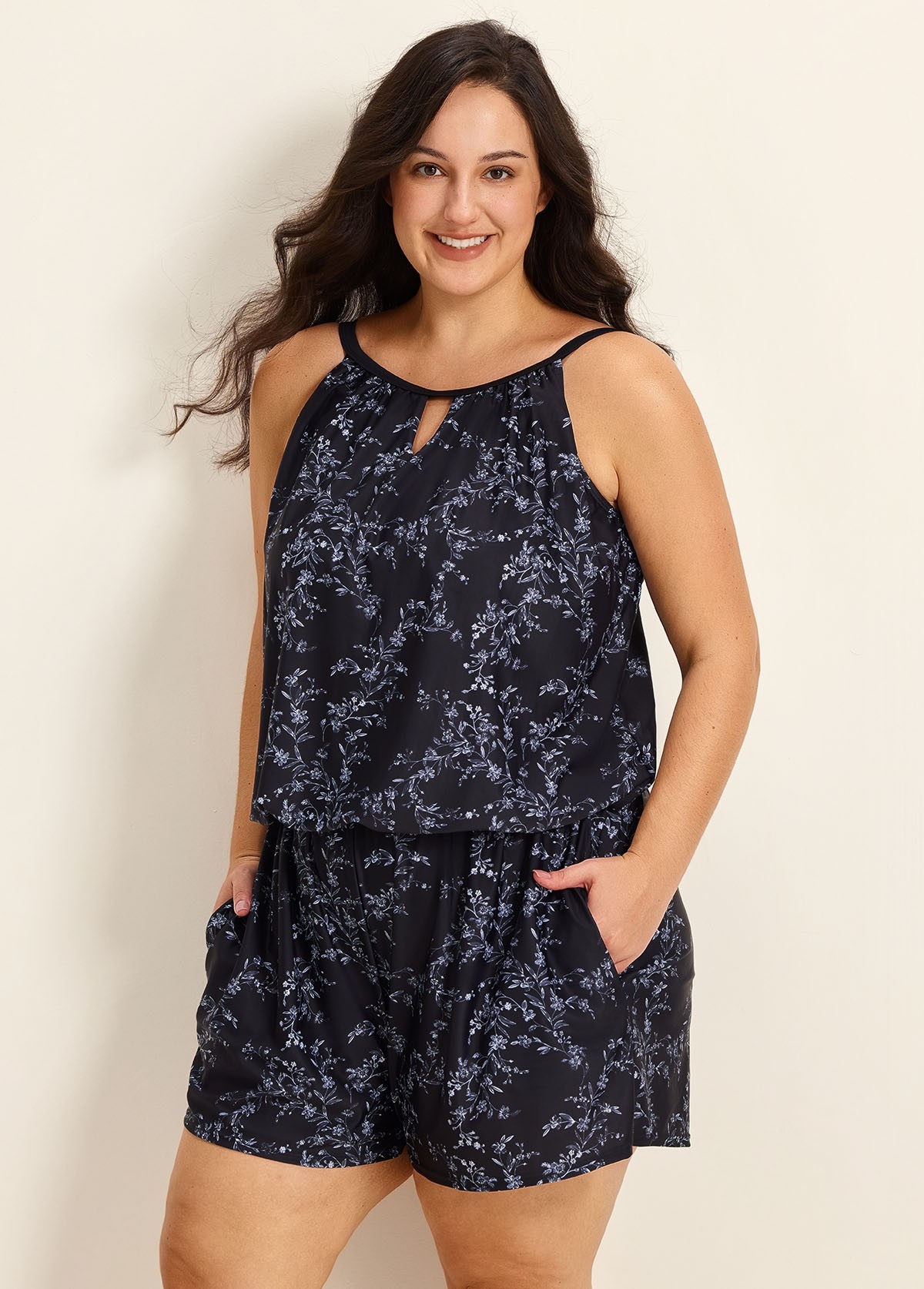 Plus Size Black Floral High Neck Vintage Pocket Women's Swimsuit One Piece Swim Romper