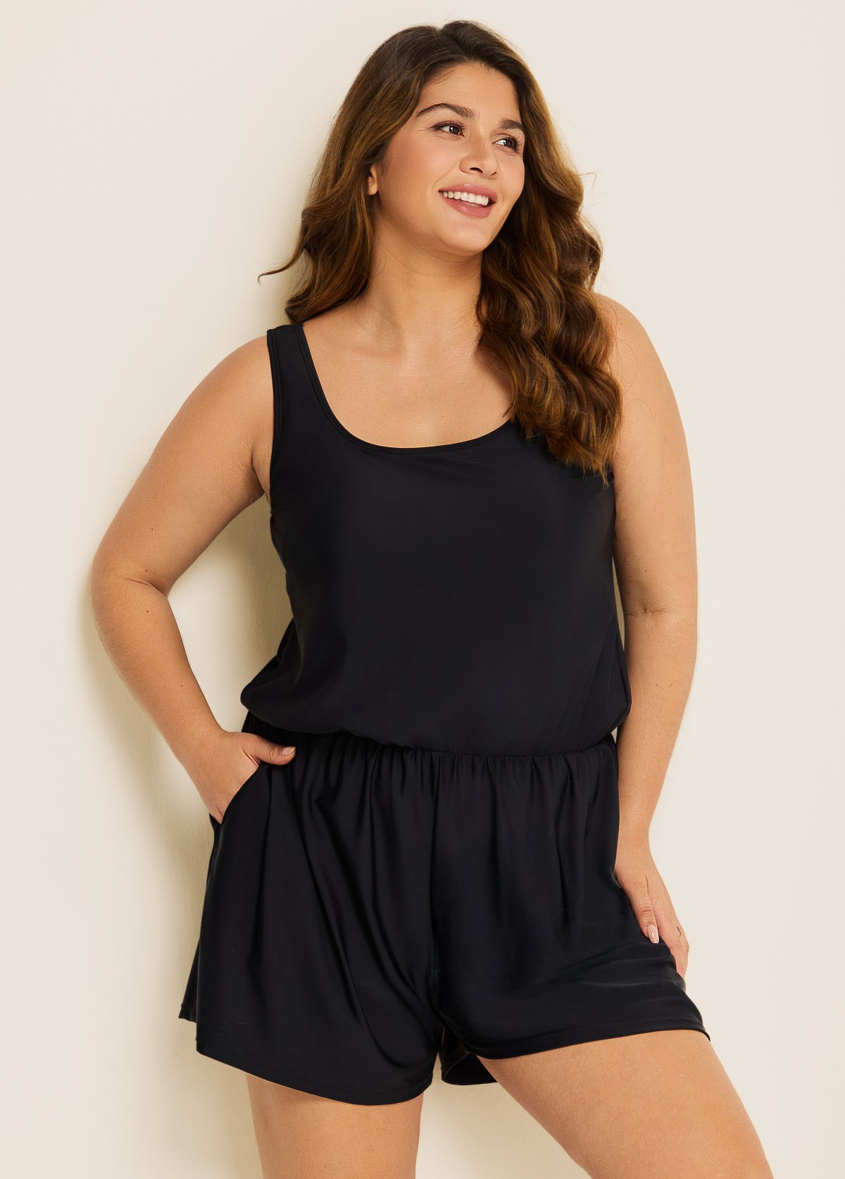 Plus Size Black Wide Strap Pocket 1 Piece Bathing Suits Romper One Piece Swimsuit