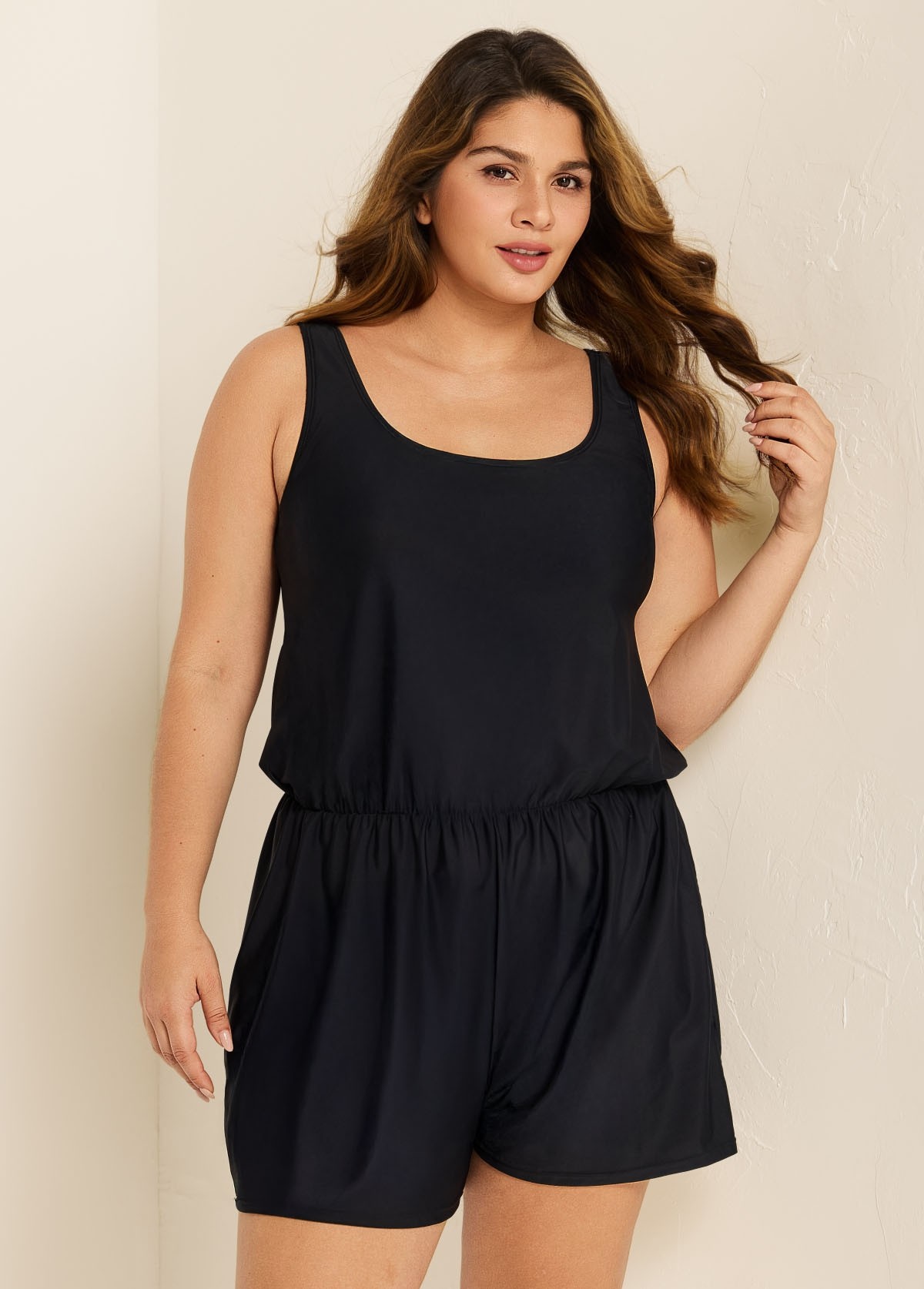Plus Size Black Wide Strap Pocket 1 Piece Bathing Suits Romper One Piece Swimsuit