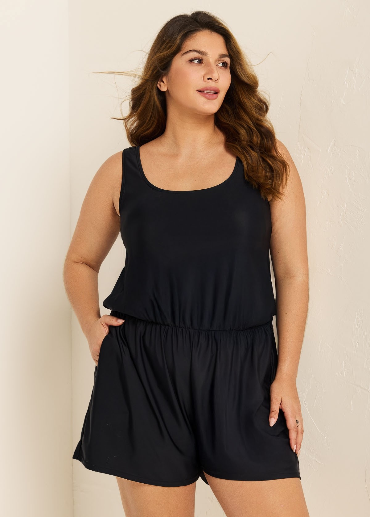 Plus Size Black Wide Strap Pocket 1 Piece Bathing Suits Romper One Piece Swimsuit
