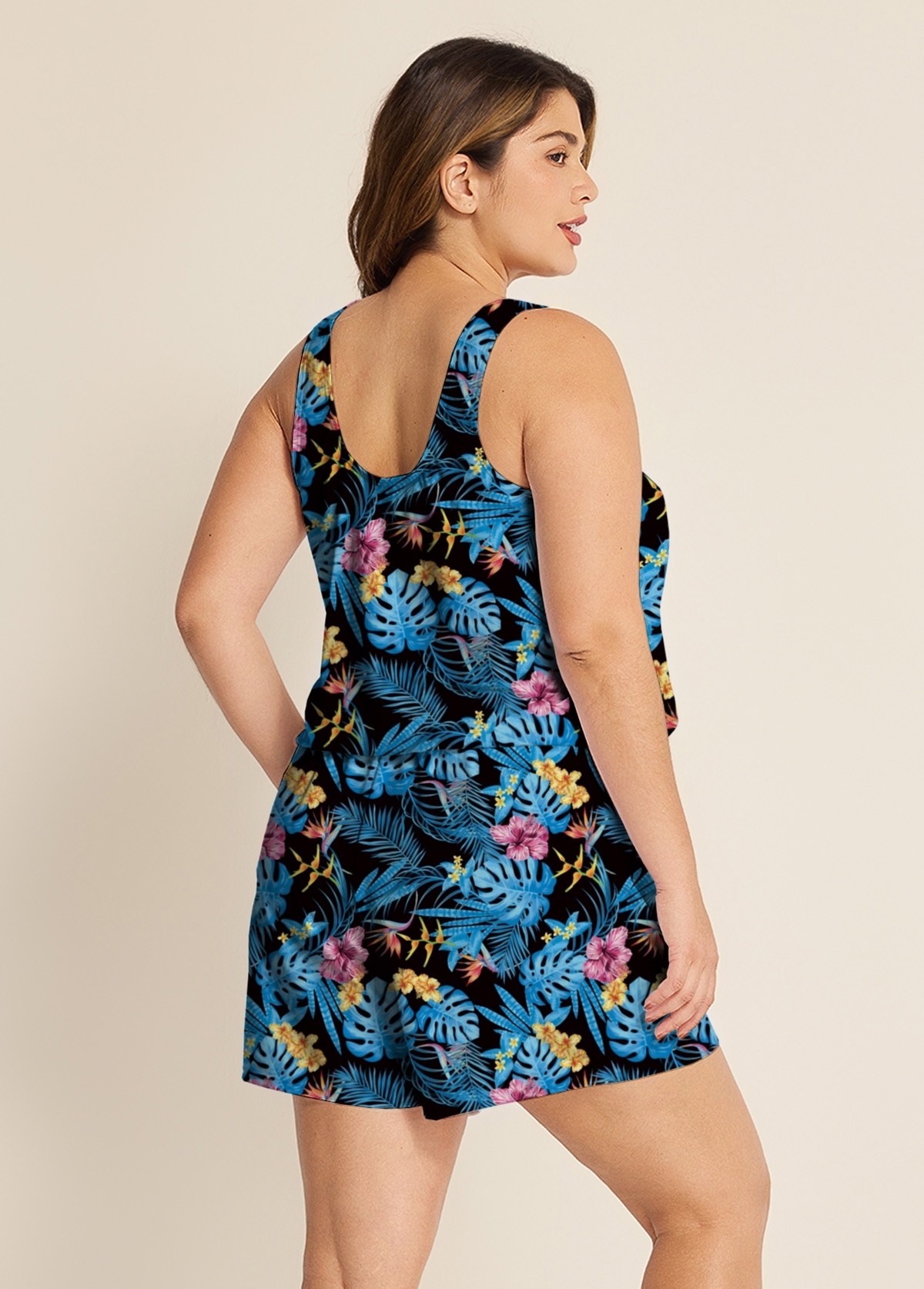 Blue One Piece Swim Romper Floral Scoop Neck Wide Strap Pocket Swimwear