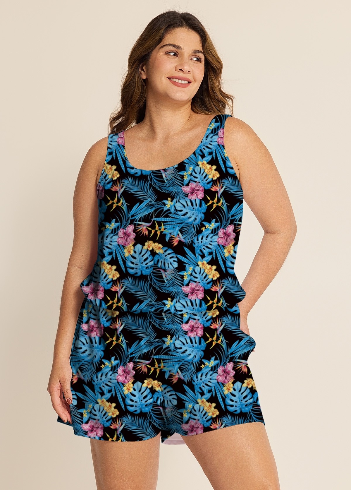 Blue One Piece Swim Romper Floral Scoop Neck Wide Strap Pocket Swimwear