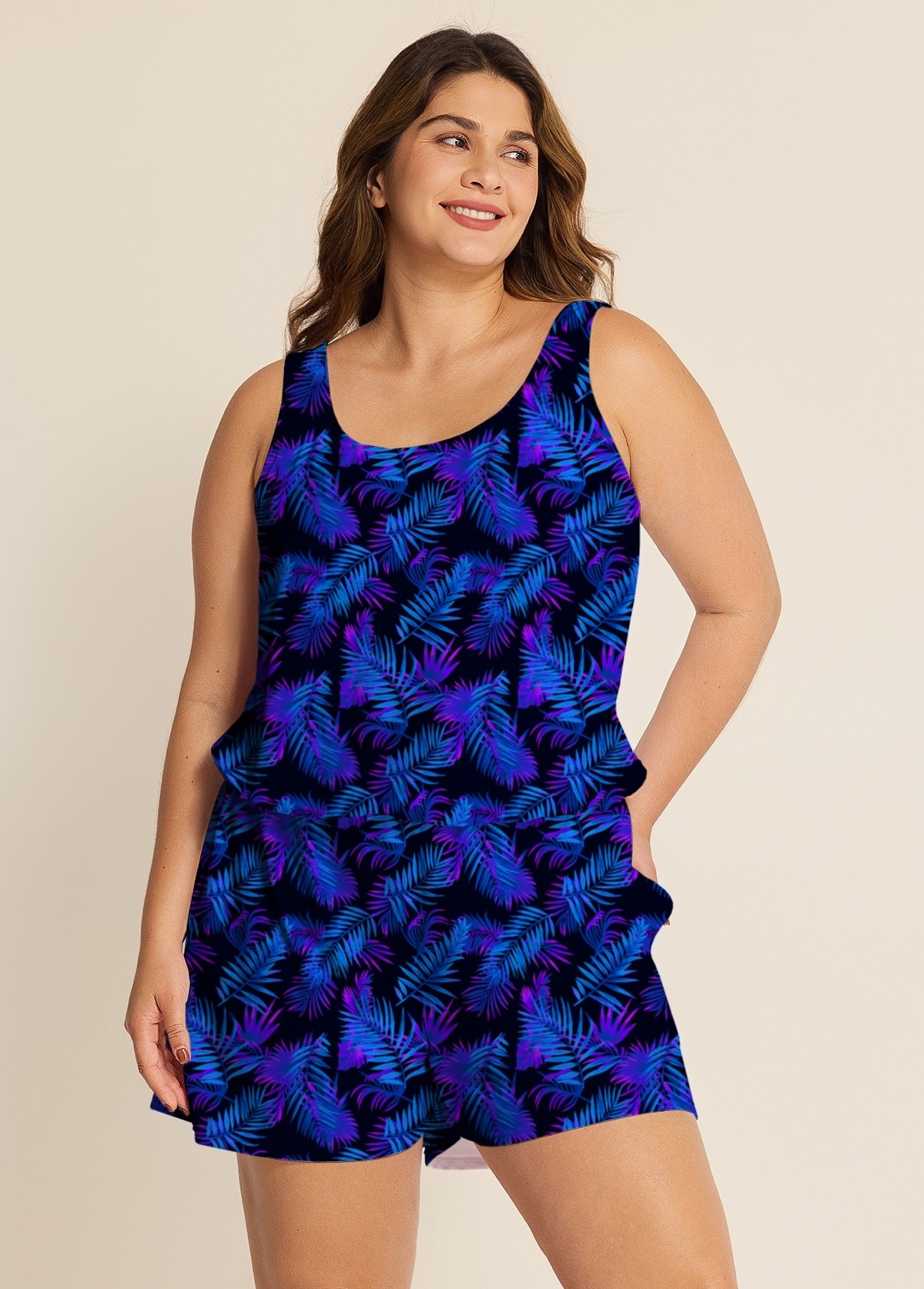 Purple Leaf Black Swimming Costume Scoop Neck Wide Straps and Pocket One Piece Swim Romper