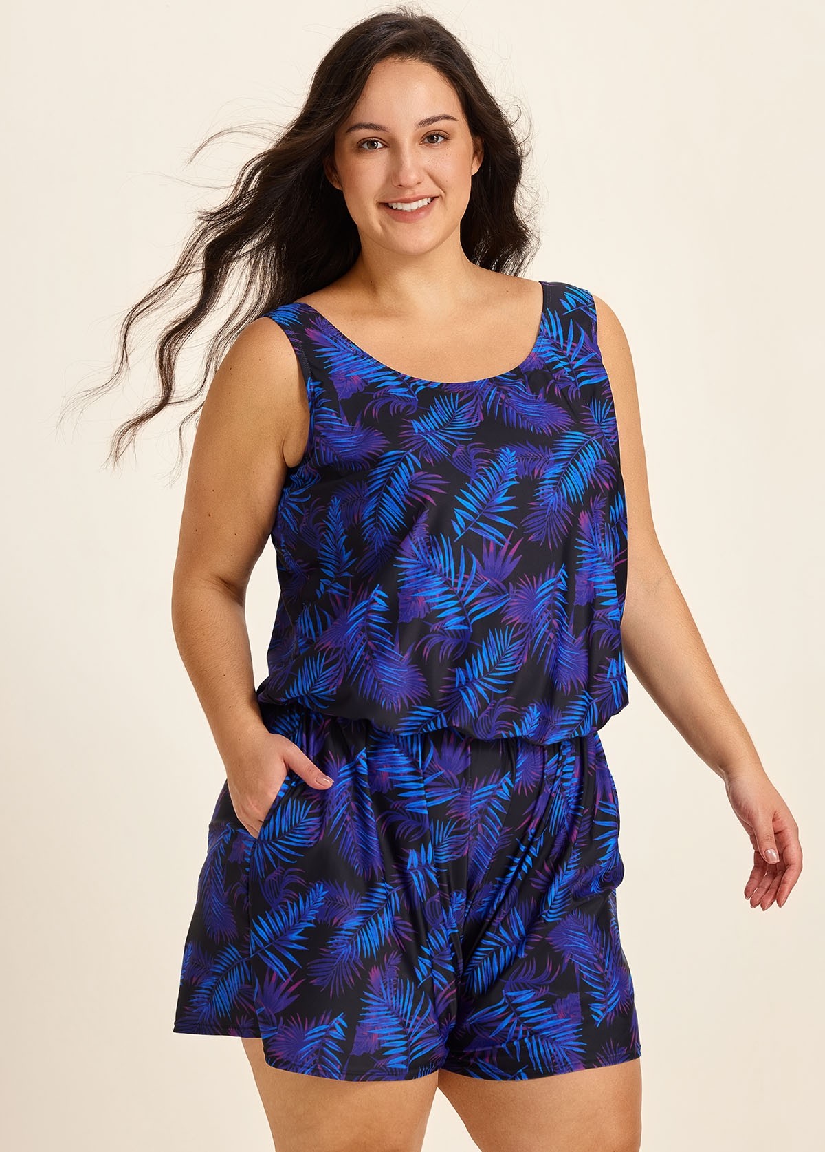 Purple Leaf Black Swimming Costume Scoop Neck Wide Straps and Pocket One Piece Swim Romper