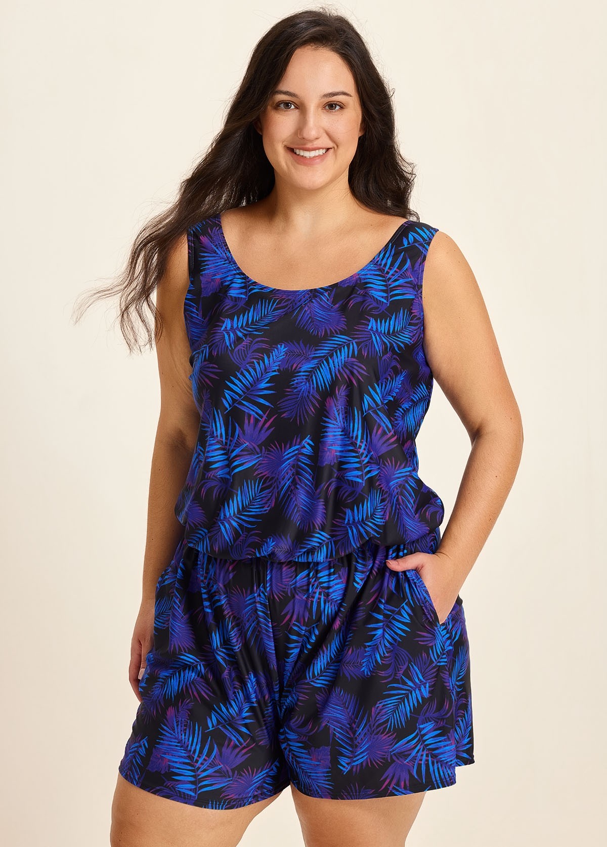 Purple Leaf Black Swimming Costume Scoop Neck Wide Straps and Pocket One Piece Swim Romper