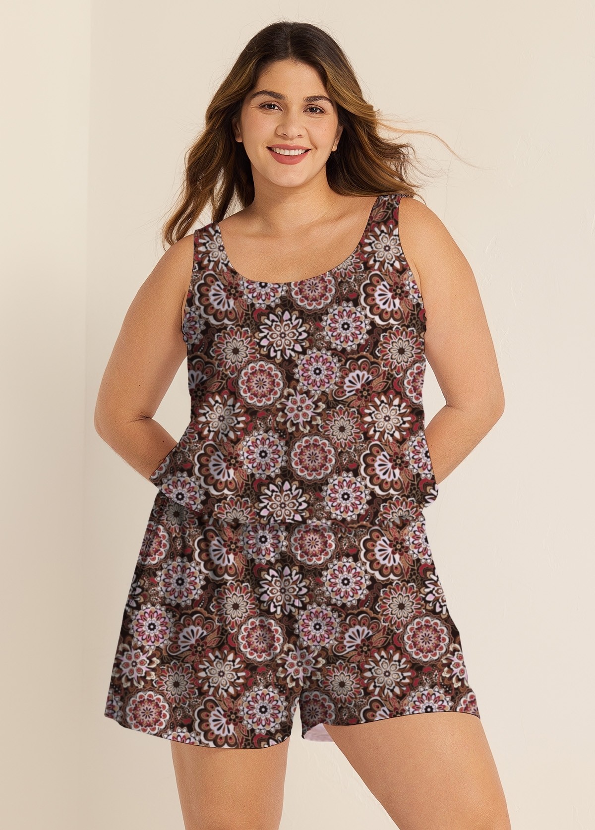 Plus Size Brown Ethnic Print Flattering Wide Straps Pocket Swimsuit One Piece Swim Romper