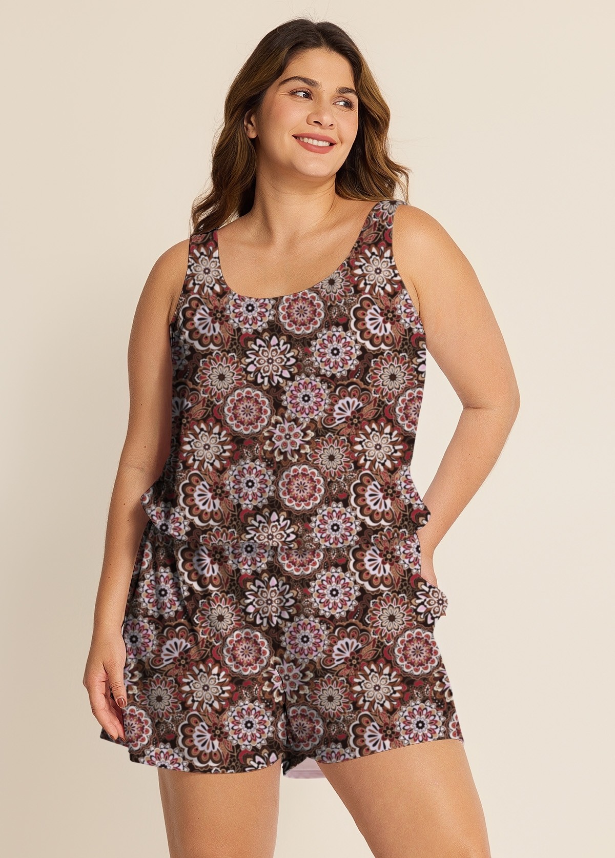Plus Size Brown Ethnic Print Flattering Wide Straps Pocket Swimsuit One Piece Swim Romper