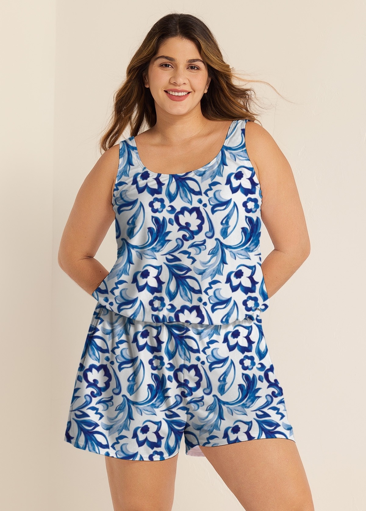 Curvy Blue And White Floral Vintage Wide Straps Pocket Swimsuit One Piece Swim Romper