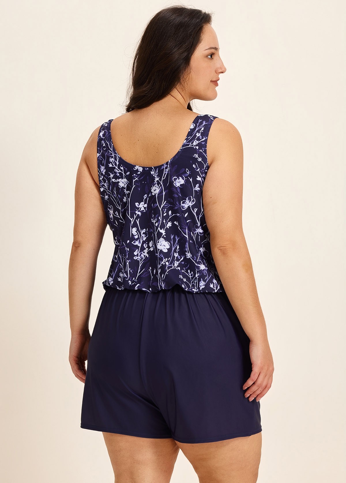 Curvy Purple Floral Modest Wide Straps Pocket Women's Swimsuit One Piece Swim Romper