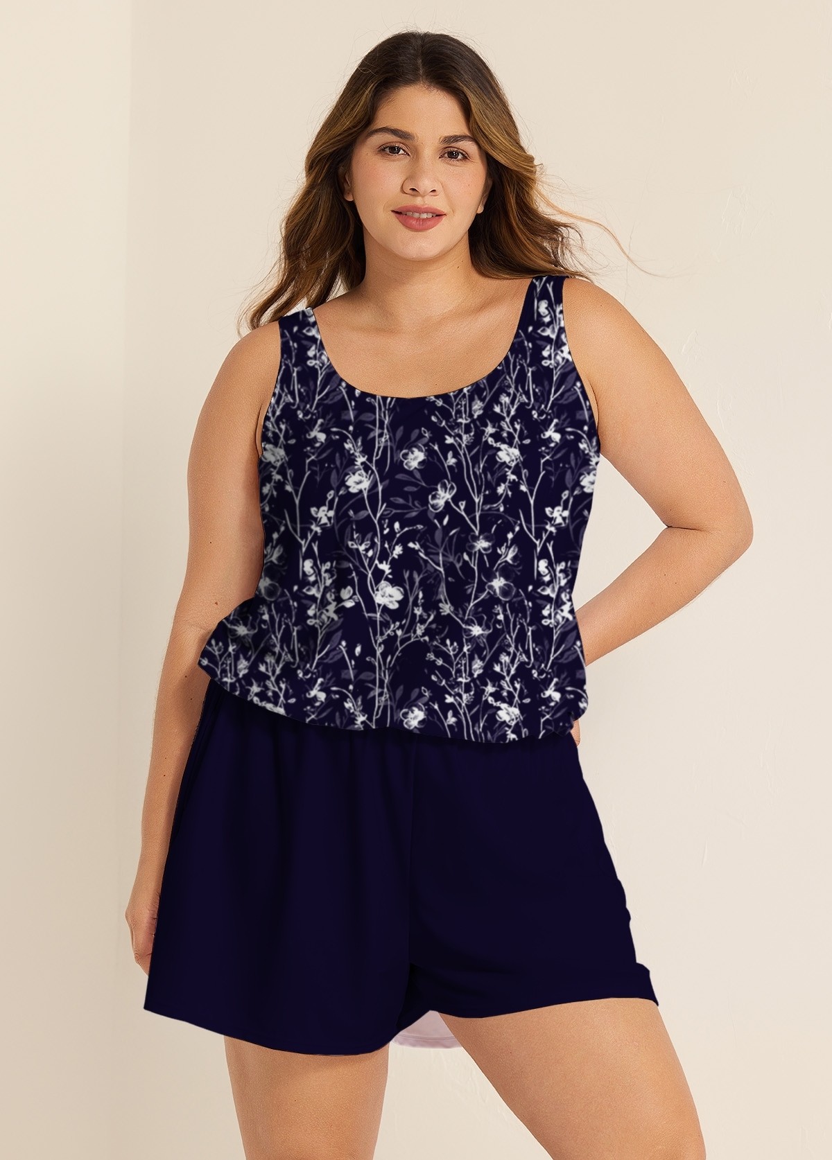 Curvy Purple Floral Modest Wide Straps Pocket Women's Swimsuit One Piece Swim Romper