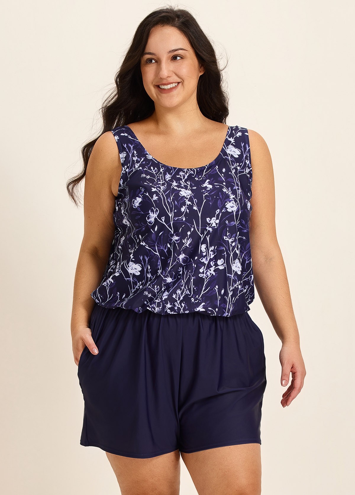 Curvy Purple Floral Modest Wide Straps Pocket Women's Swimsuit One Piece Swim Romper