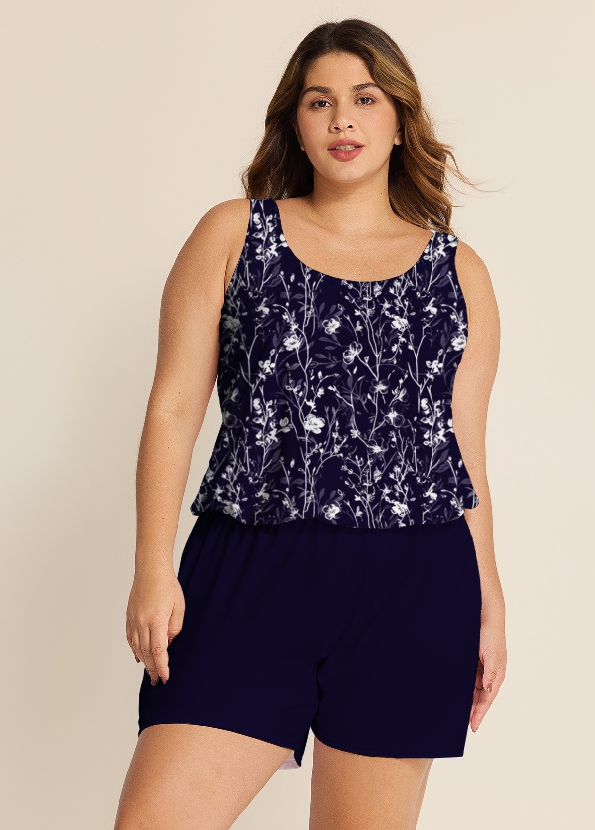 Curvy Purple Floral Modest Wide Straps Pocket Women's Swimsuit One Piece Swim Romper