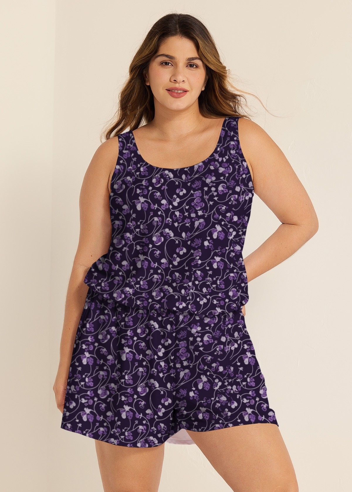 Purple Floral Modest Wide Straps Pocket Plus Size Women's Swimsuit One Piece Swim Romper