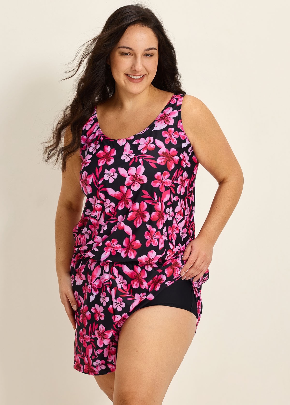 Plus Size Pink Floral Modest Wide Straps Pocket Women's Swimsuit One Piece Swim Romper