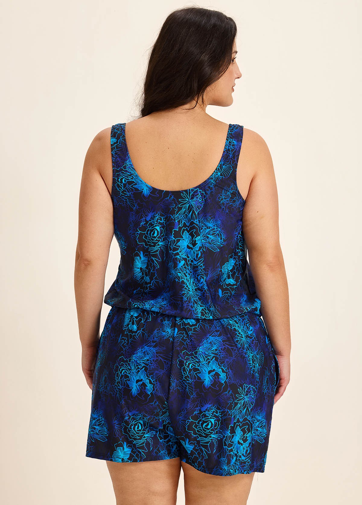 Curvy Navy Floral Vintage Wide Straps Pocket Women's Swimsuit One Piece Swim Romper