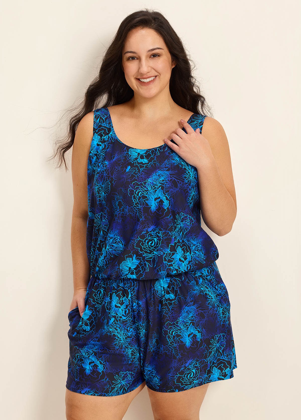 Curvy Navy Floral Vintage Wide Straps Pocket Women's Swimsuit One Piece Swim Romper