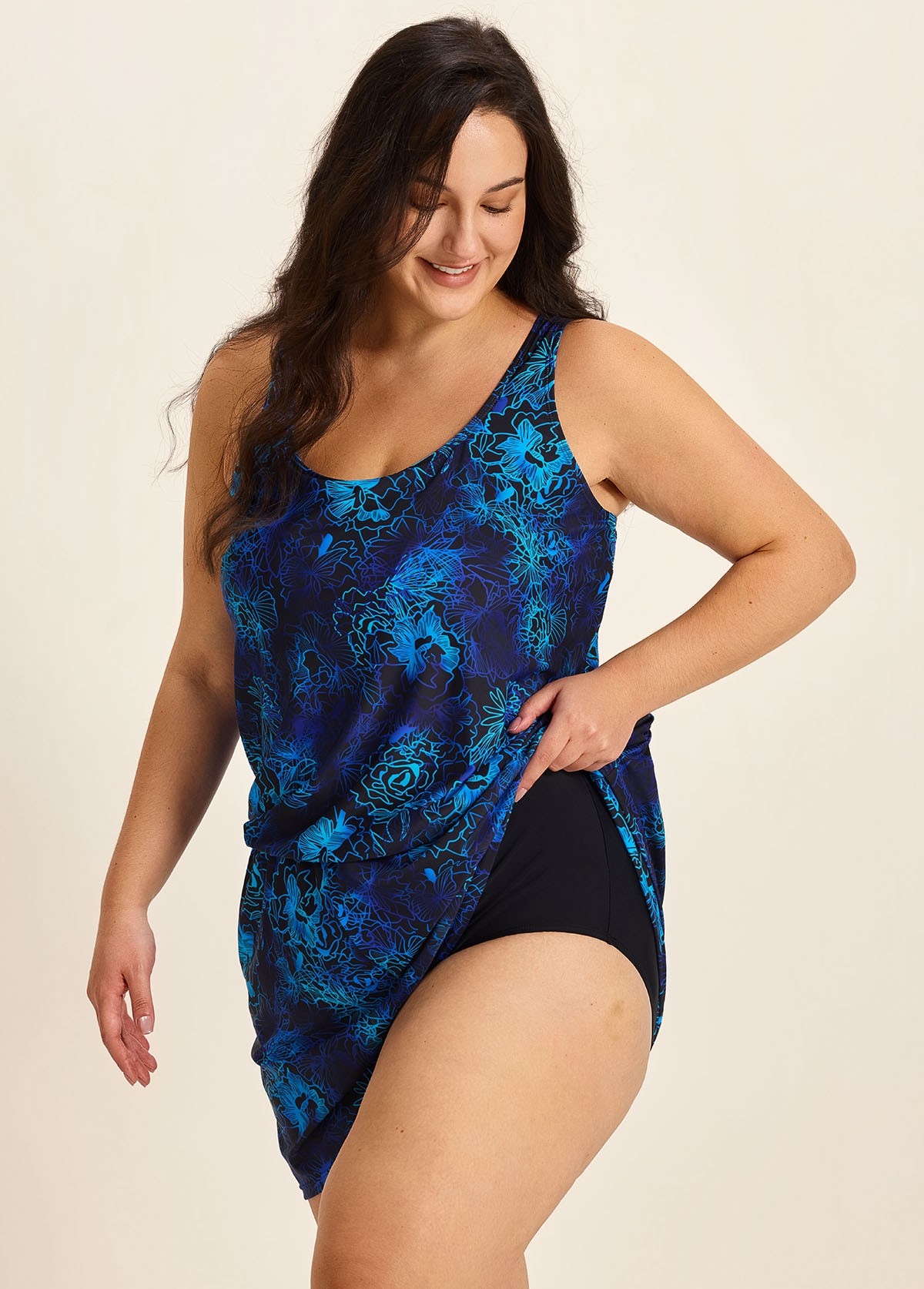 Curvy Navy Floral Vintage Wide Straps Pocket Women's Swimsuit One Piece Swim Romper