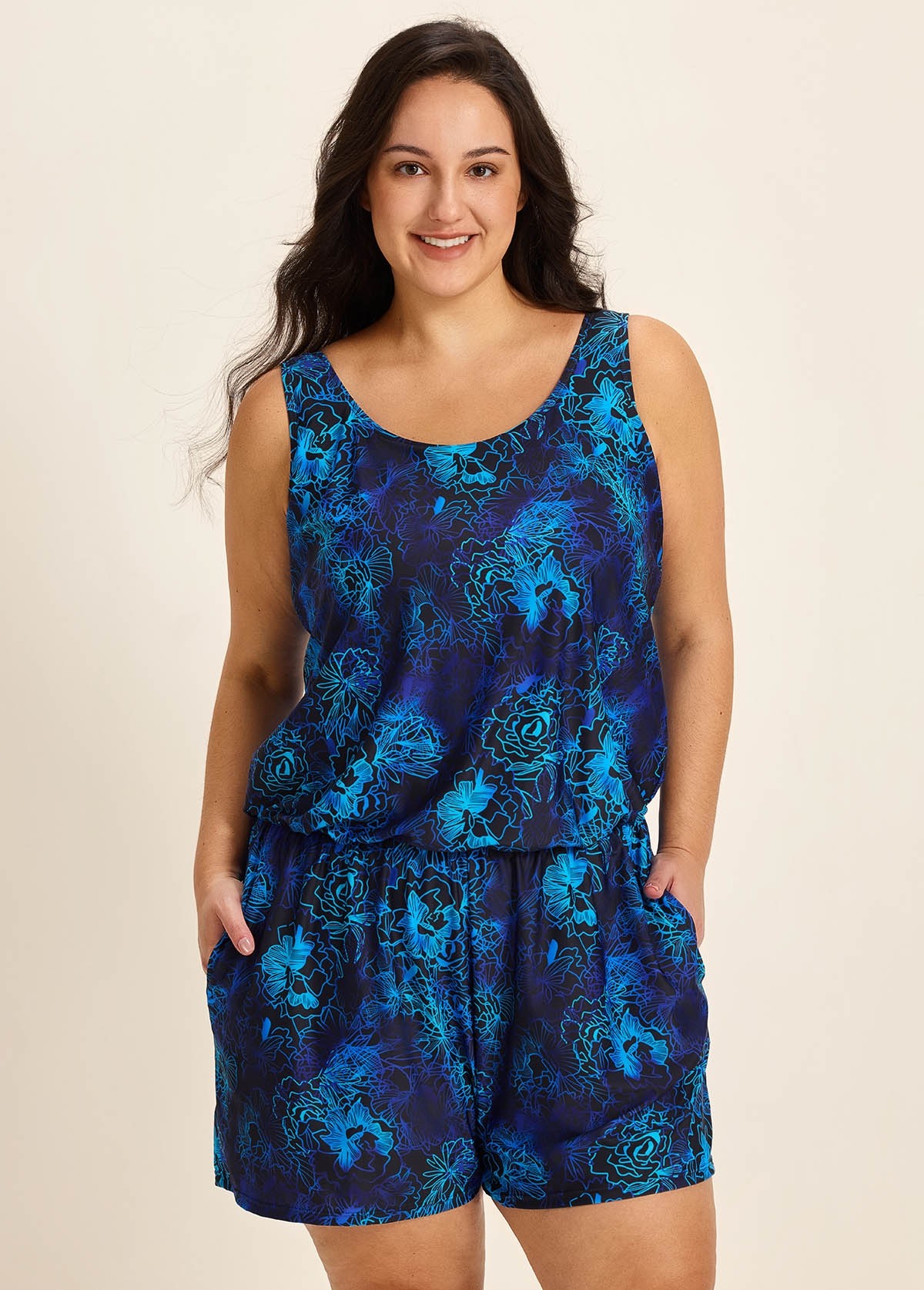 Curvy Navy Floral Vintage Wide Straps Pocket Women's Swimsuit One Piece Swim Romper