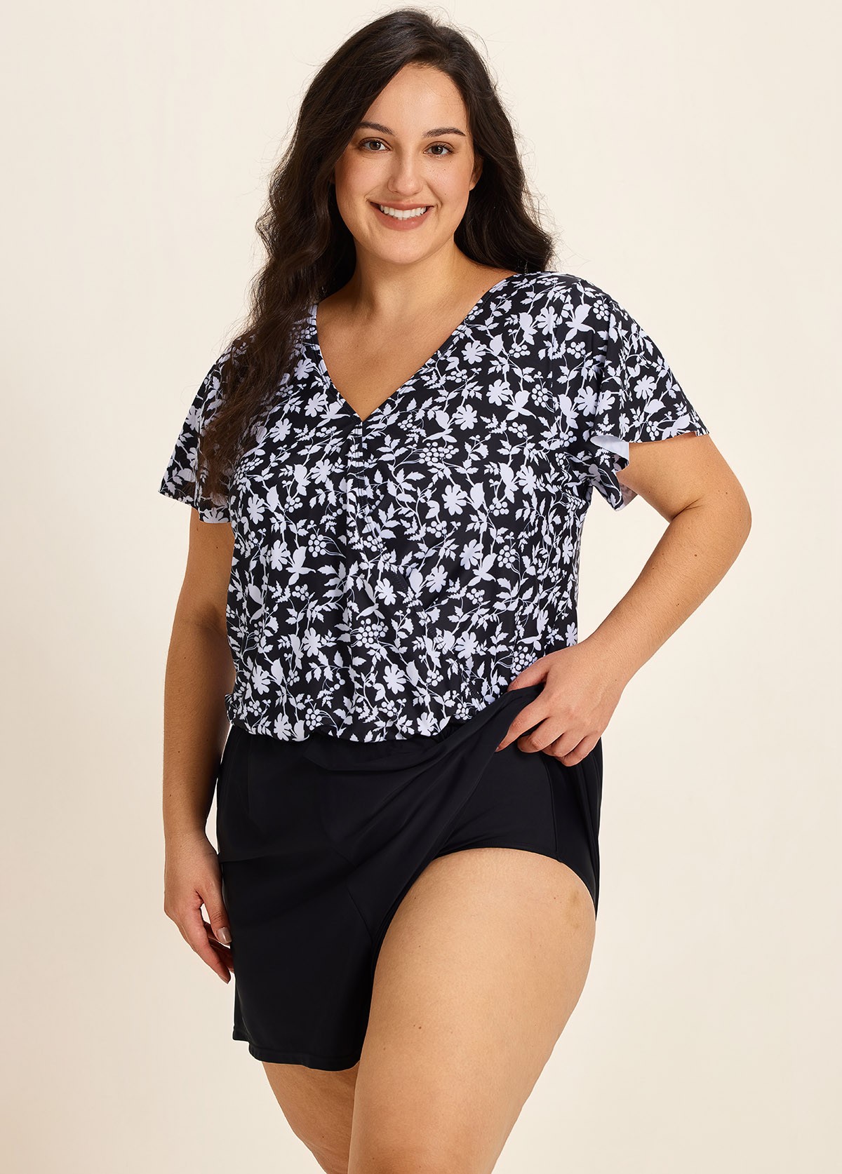 Plus Size Black Floral Upf50+ Short Sleeves Modest Pocket Swimsuit One Piece Swim Romper