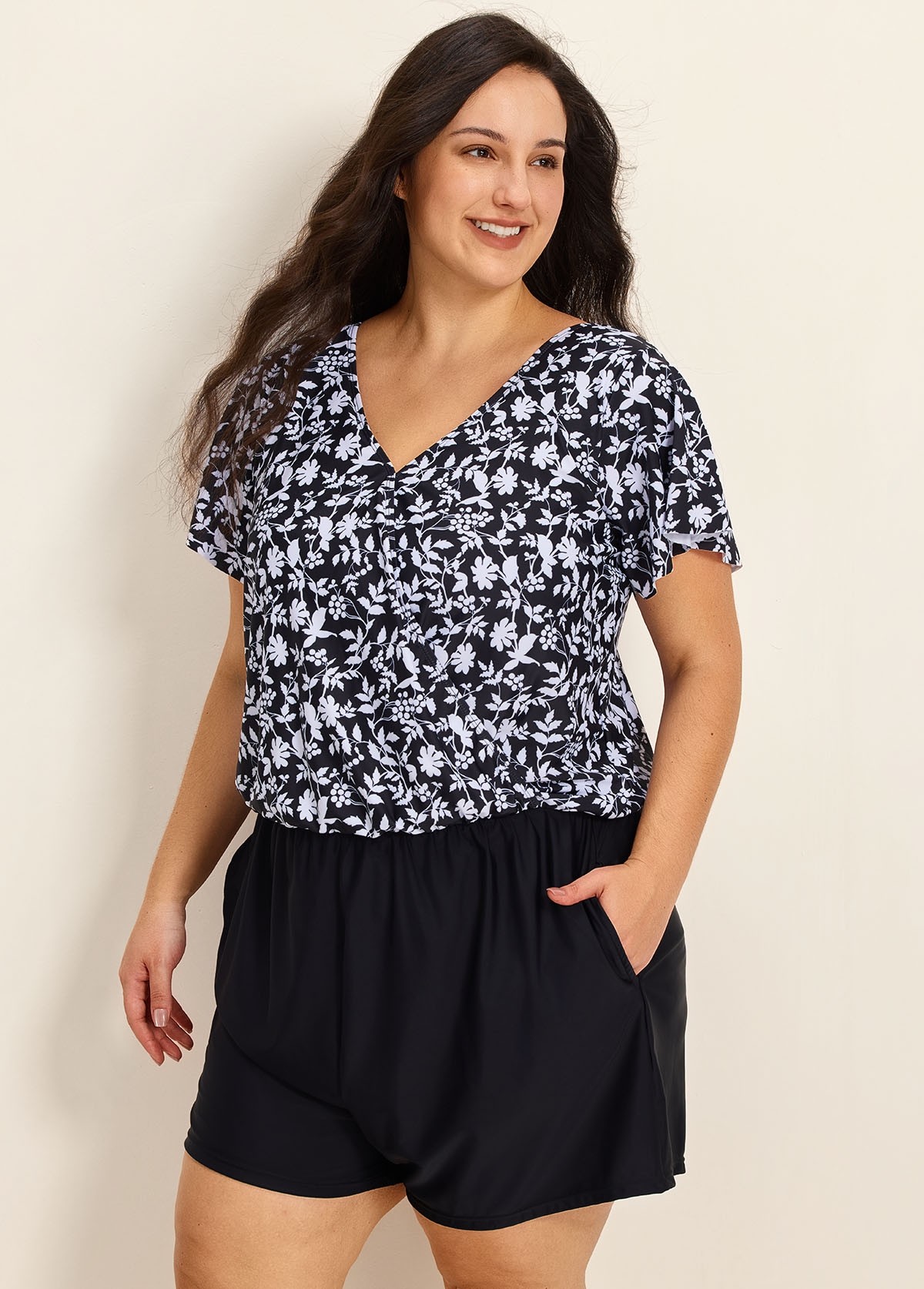 Plus Size Black Floral Upf50+ Short Sleeves Modest Pocket Swimsuit One Piece Swim Romper