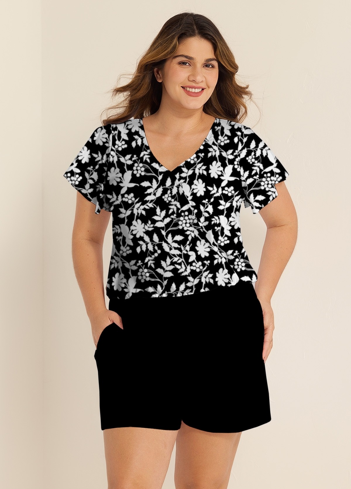 Plus Size Black Floral Upf50+ Short Sleeves Modest Pocket Swimsuit One Piece Swim Romper