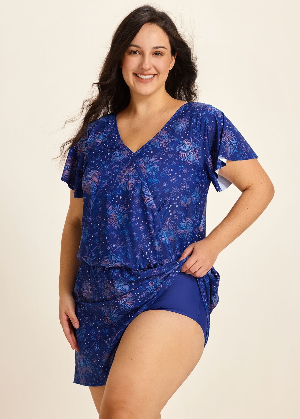 Curvy Navy Blue Floral Print Upf50+ Short Sleeves Pocket Swimsuit One Piece Swim Romper