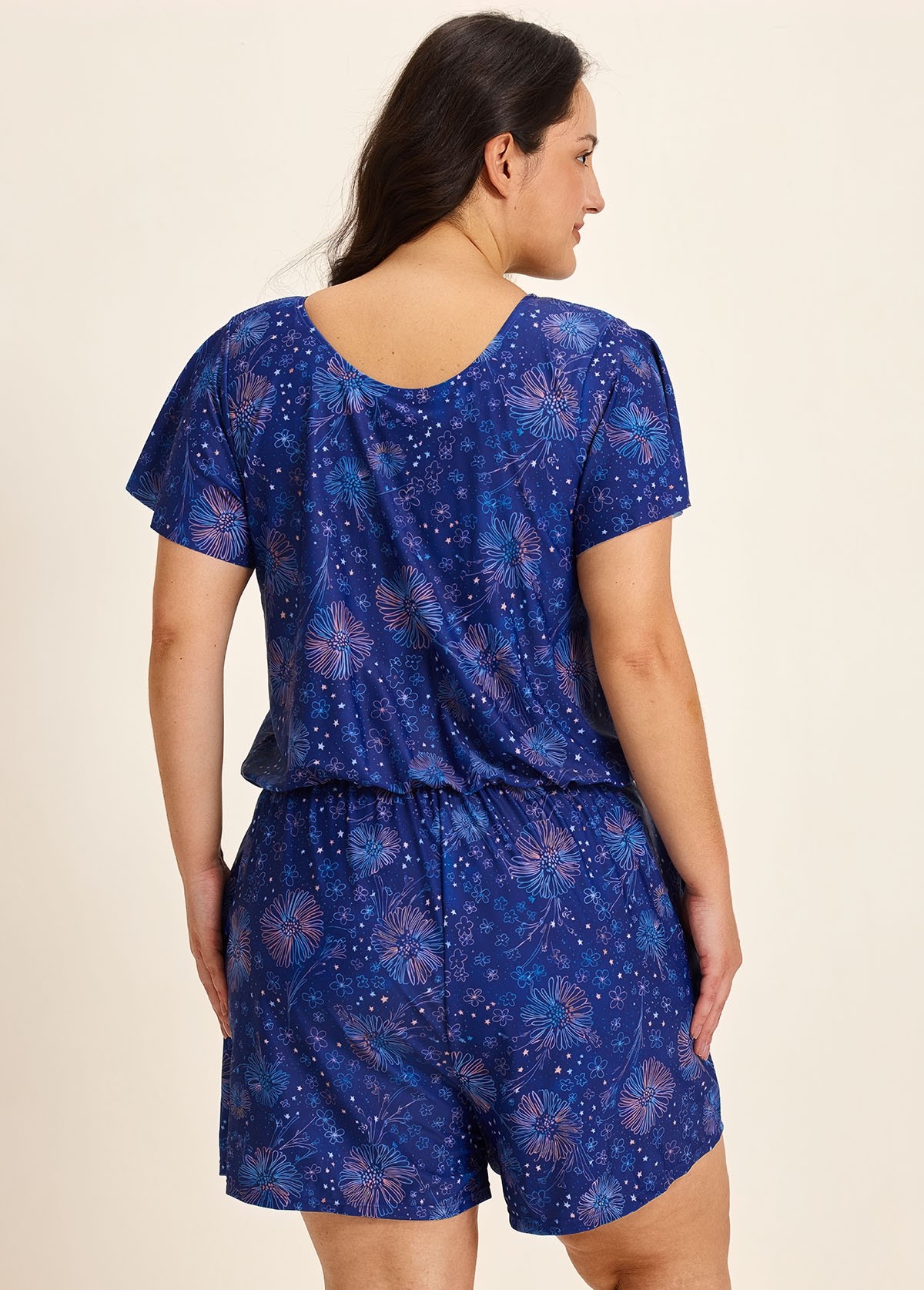 Curvy Navy Blue Floral Print Upf50+ Short Sleeves Pocket Swimsuit One Piece Swim Romper