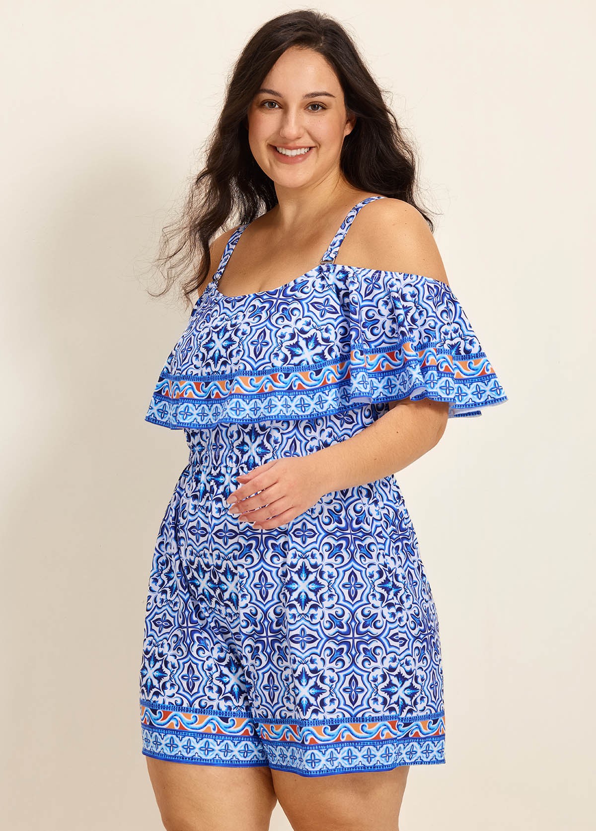 Curvy Blue Floral Print Off The Shoulder Flattering Ruffle Swimsuit One Piece Swim Romper