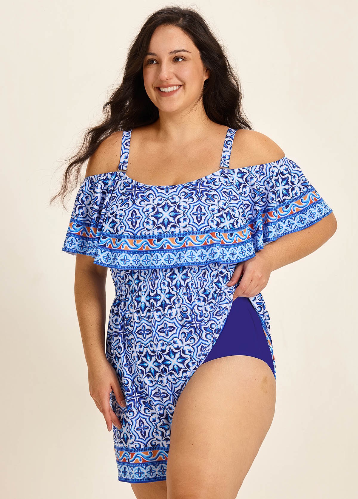 Curvy Blue Floral Print Off The Shoulder Flattering Ruffle Swimsuit One Piece Swim Romper