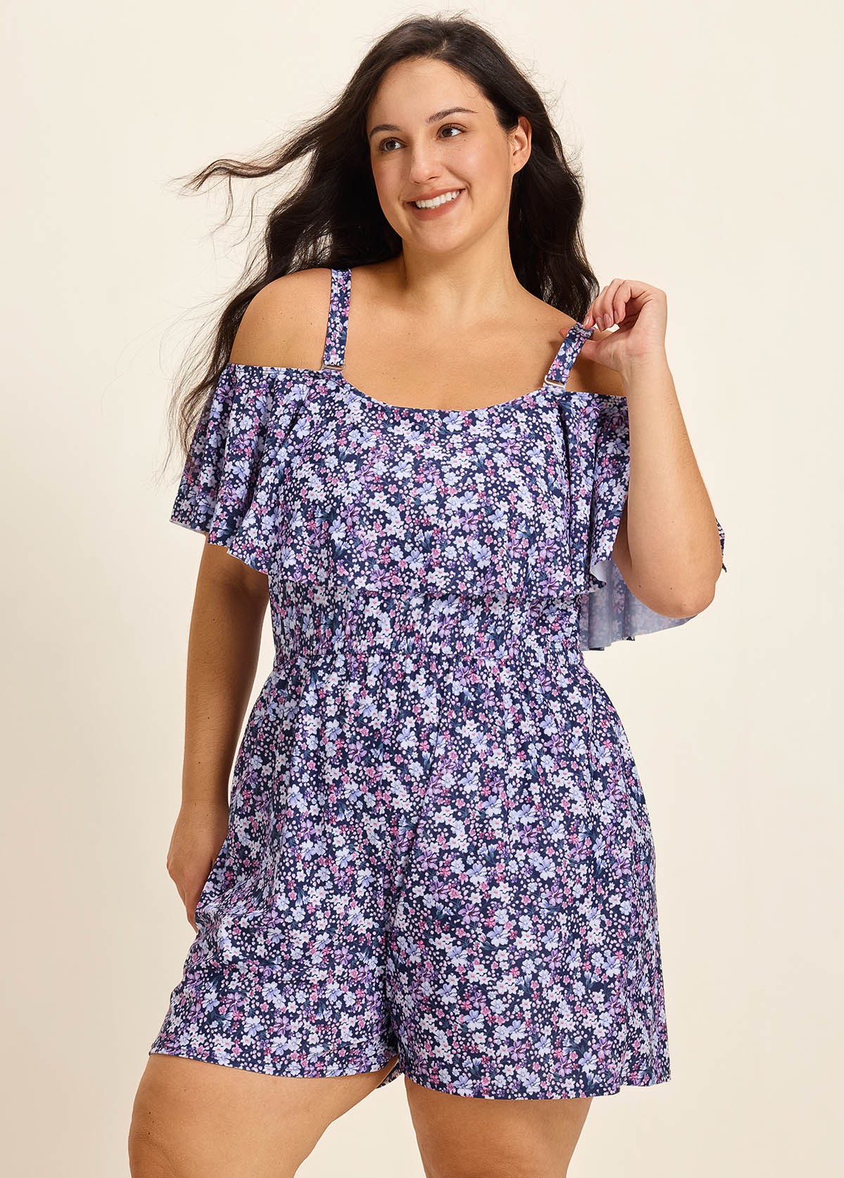 Purple Floral Print Flattering Off Shoulder Ruffled Plus Size Swimsuit One Piece Swim Romper
