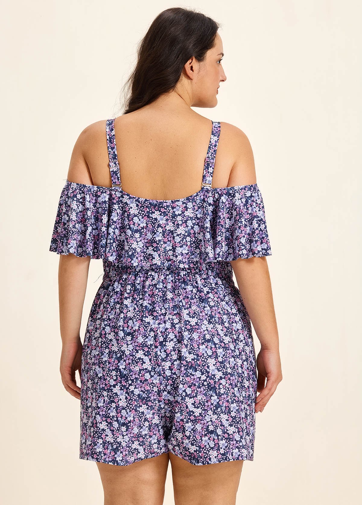 Purple Floral Print Flattering Off Shoulder Ruffled Plus Size Swimsuit One Piece Swim Romper