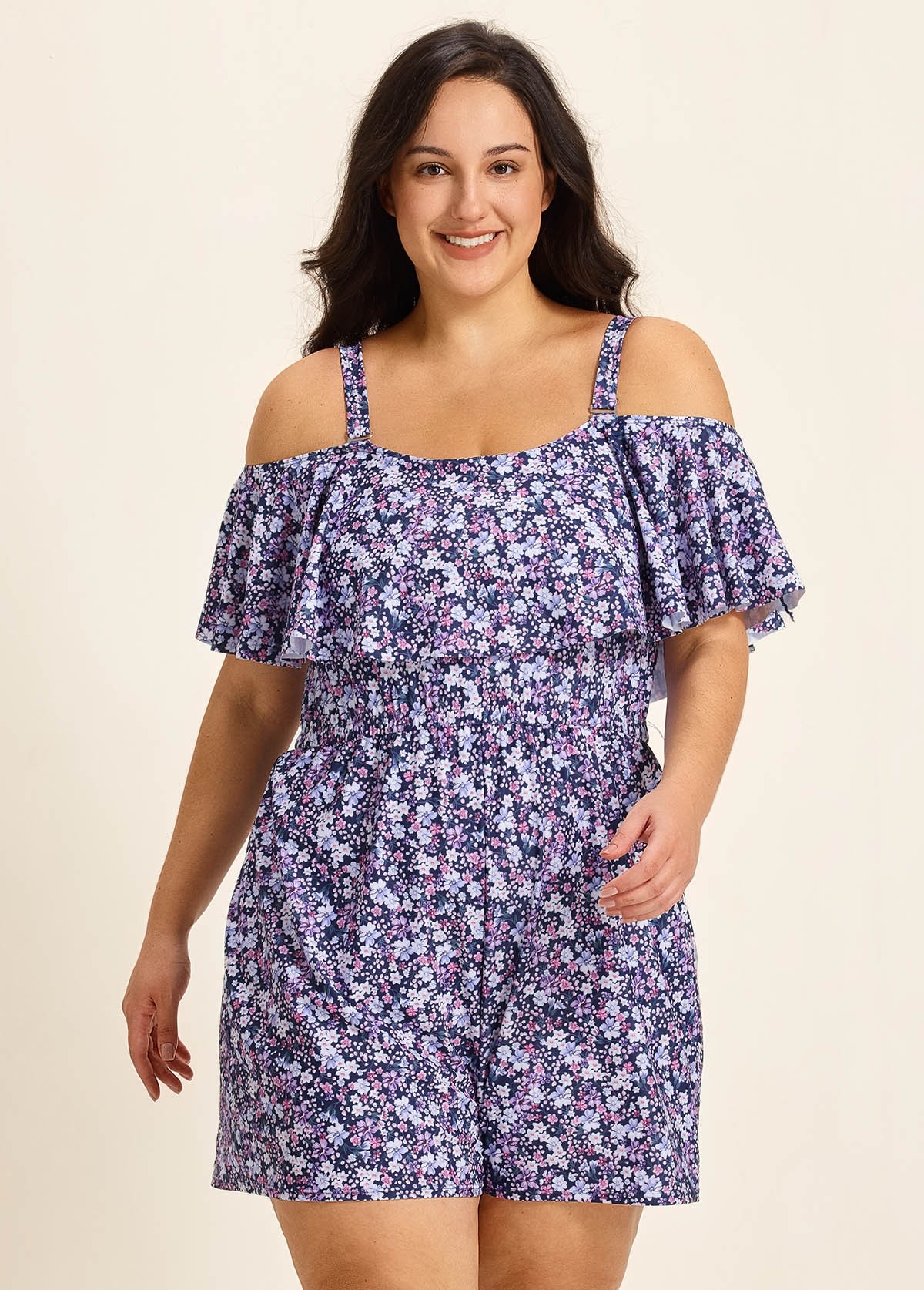 Purple Floral Print Flattering Off Shoulder Ruffled Plus Size Swimsuit One Piece Swim Romper