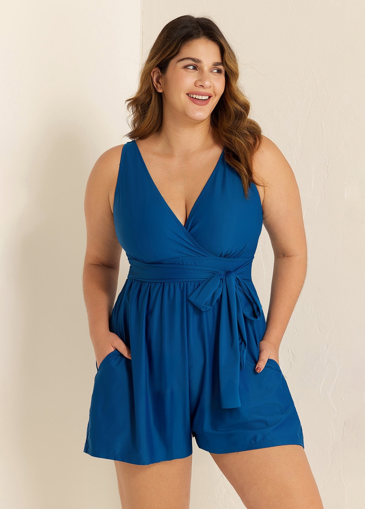 Blue Pocket Lace Up Plus Size 1 Piece Bathing Suits One Piece Swimsuit