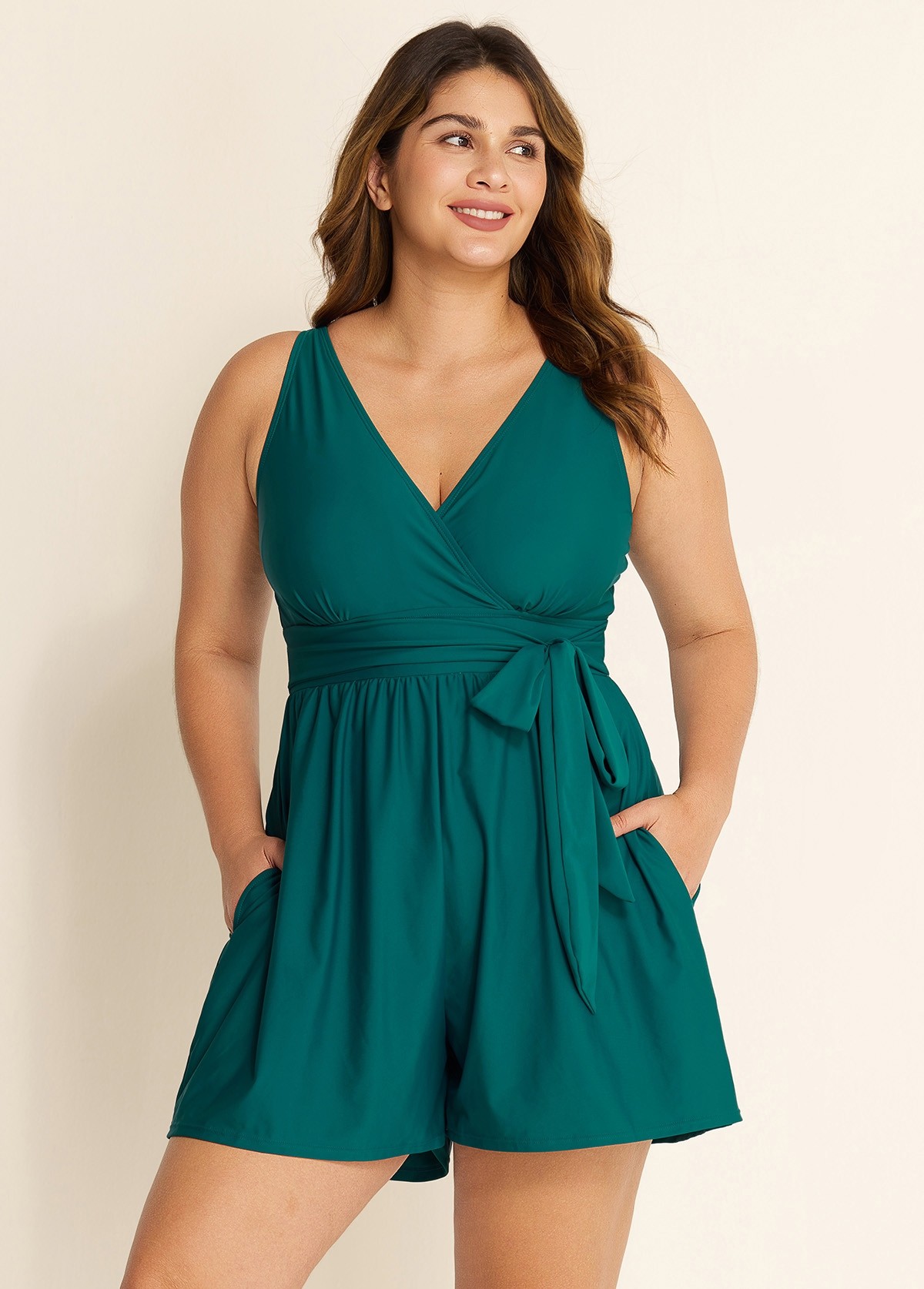 Green Pocket Lace Up Curvy 1 Piece Bathing Suits One Piece Swimwear