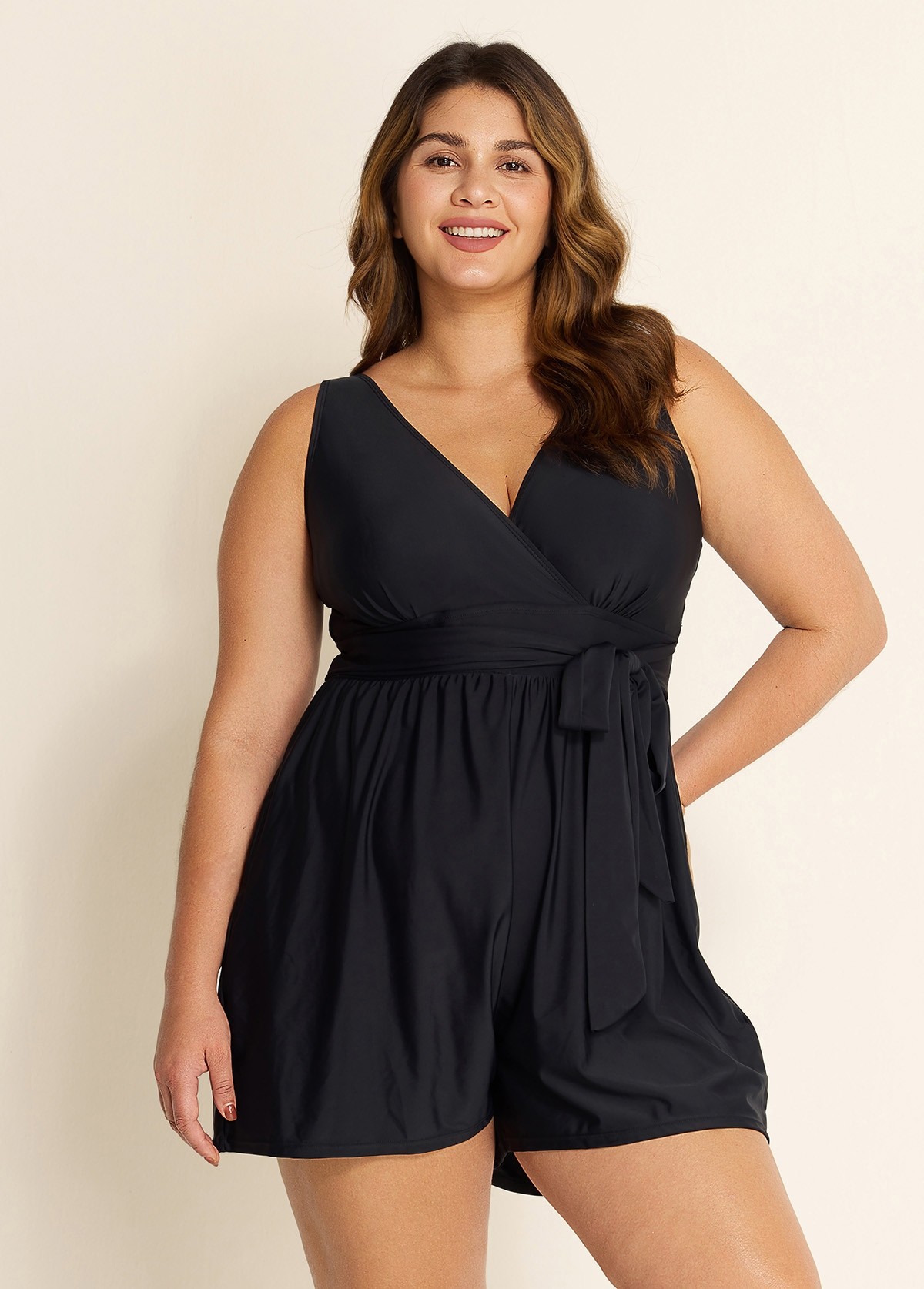 Plus Size Black Pocket Lace Up 1 Piece Bathing Suits One Piece Swimwear