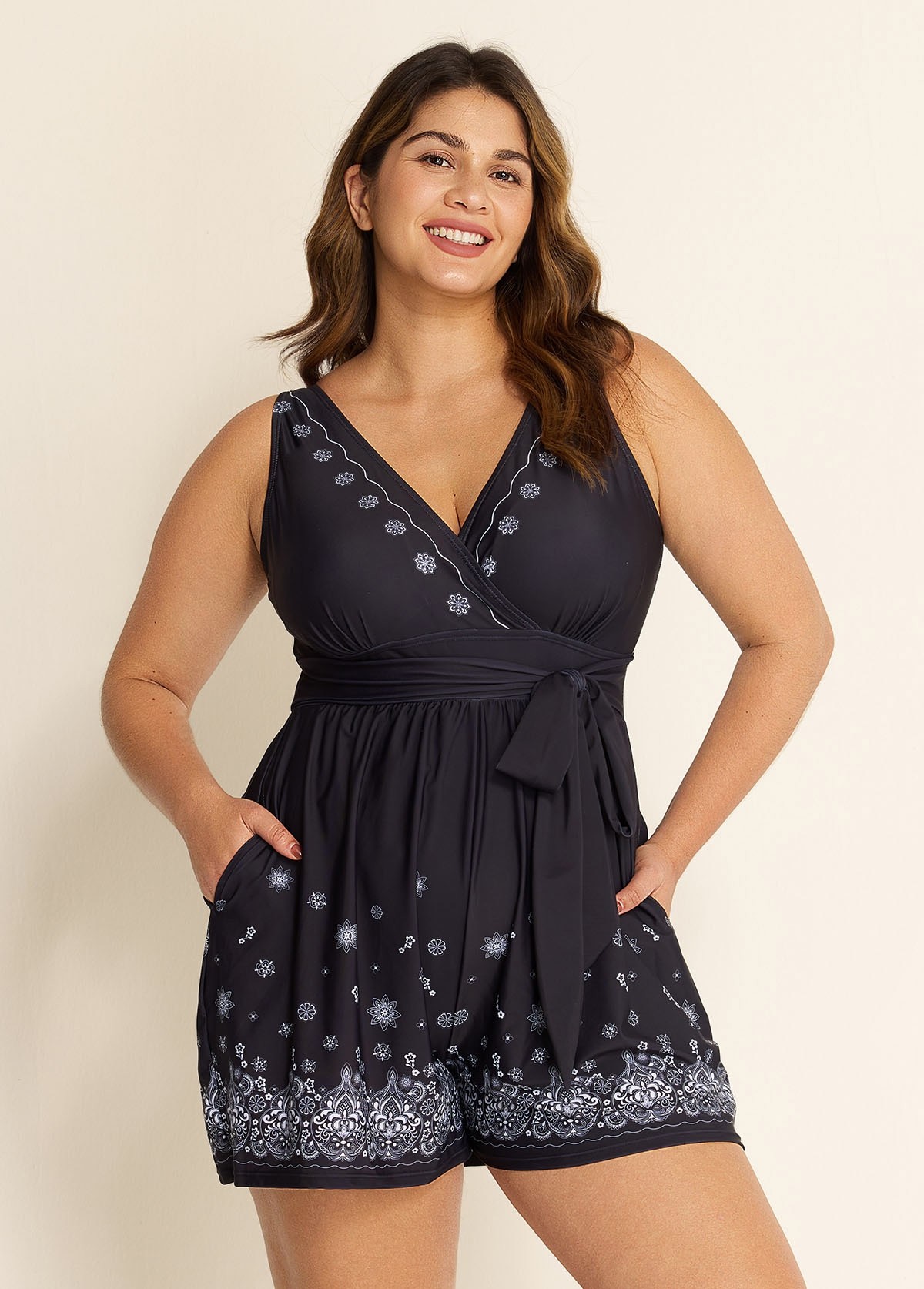 Plus Size Black Paisley Print Pocket Lace Up V Neck Wrap One Piece Swimsuit Swim Romper