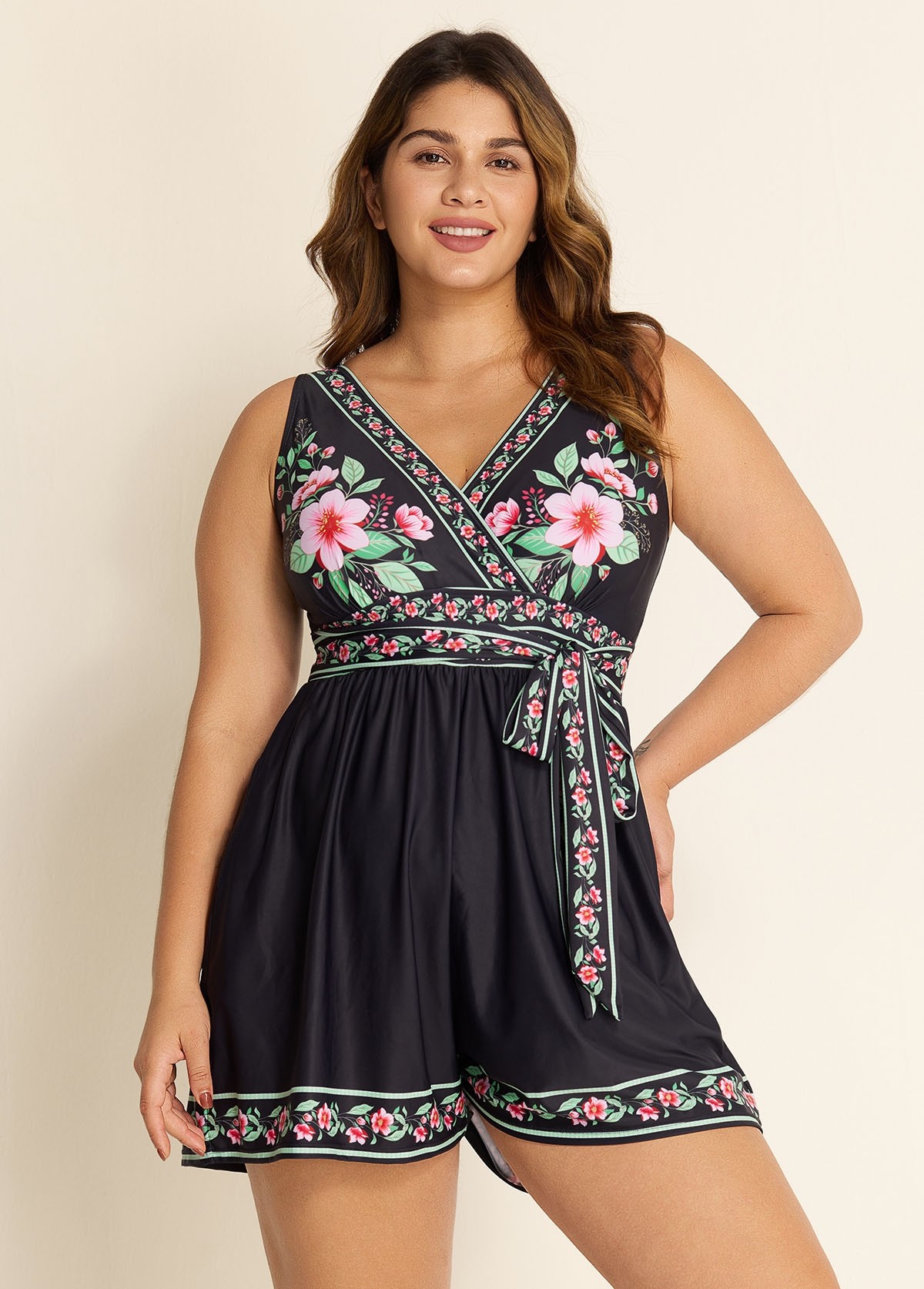 Black Floral Pocket Lace Up V Neck Wrap Curvy One Piece Swimsuit Swim Romper