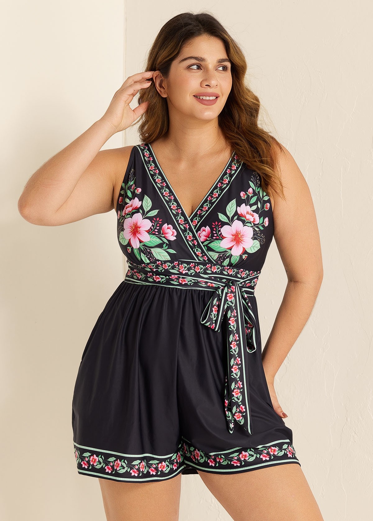 Black Floral Pocket Lace Up V Neck Wrap Curvy One Piece Swimsuit Swim Romper