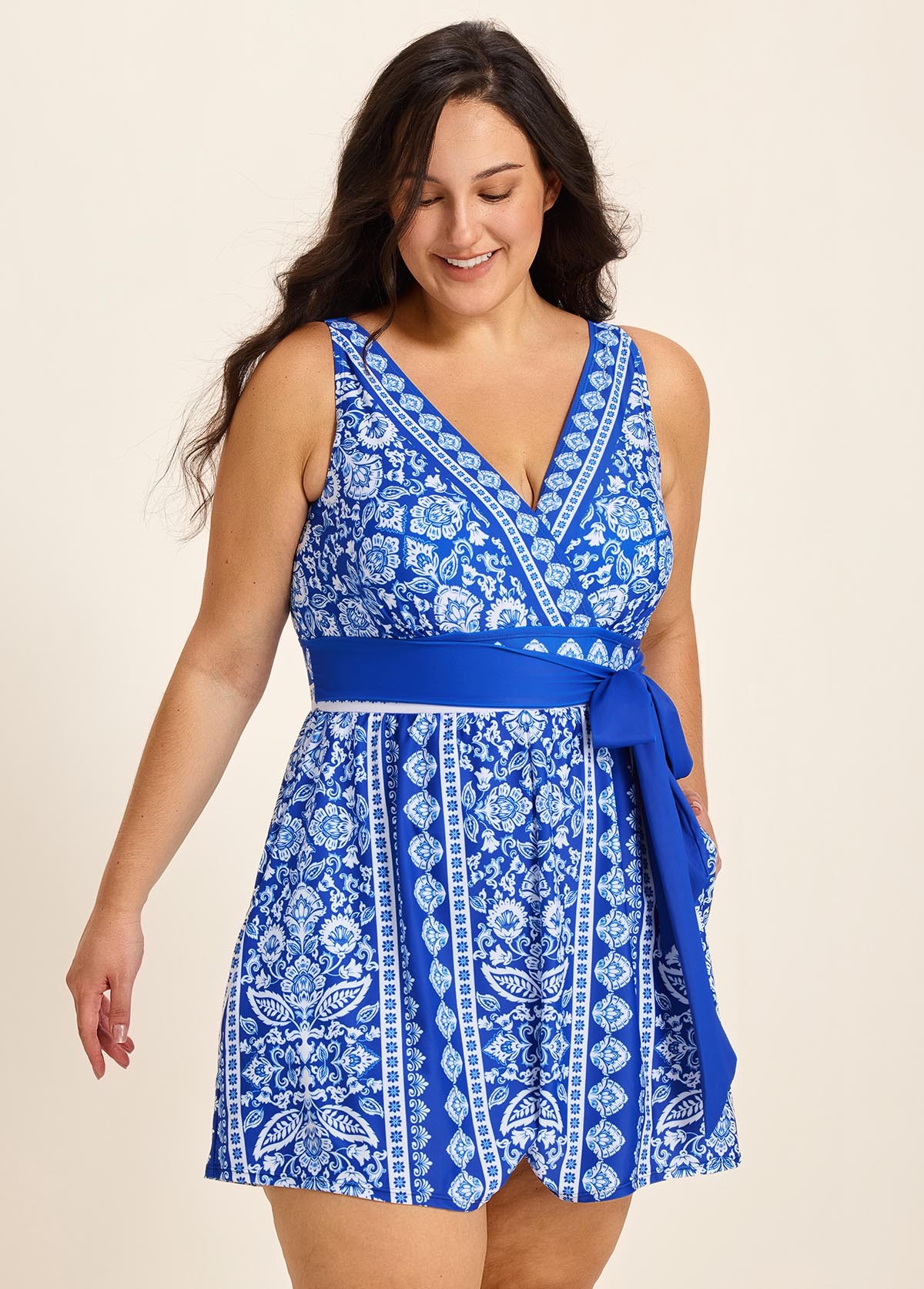 Blue And White Floral V Neck Modest Wrap Pocket Curvy Swimsuit One Piece Swim Romper