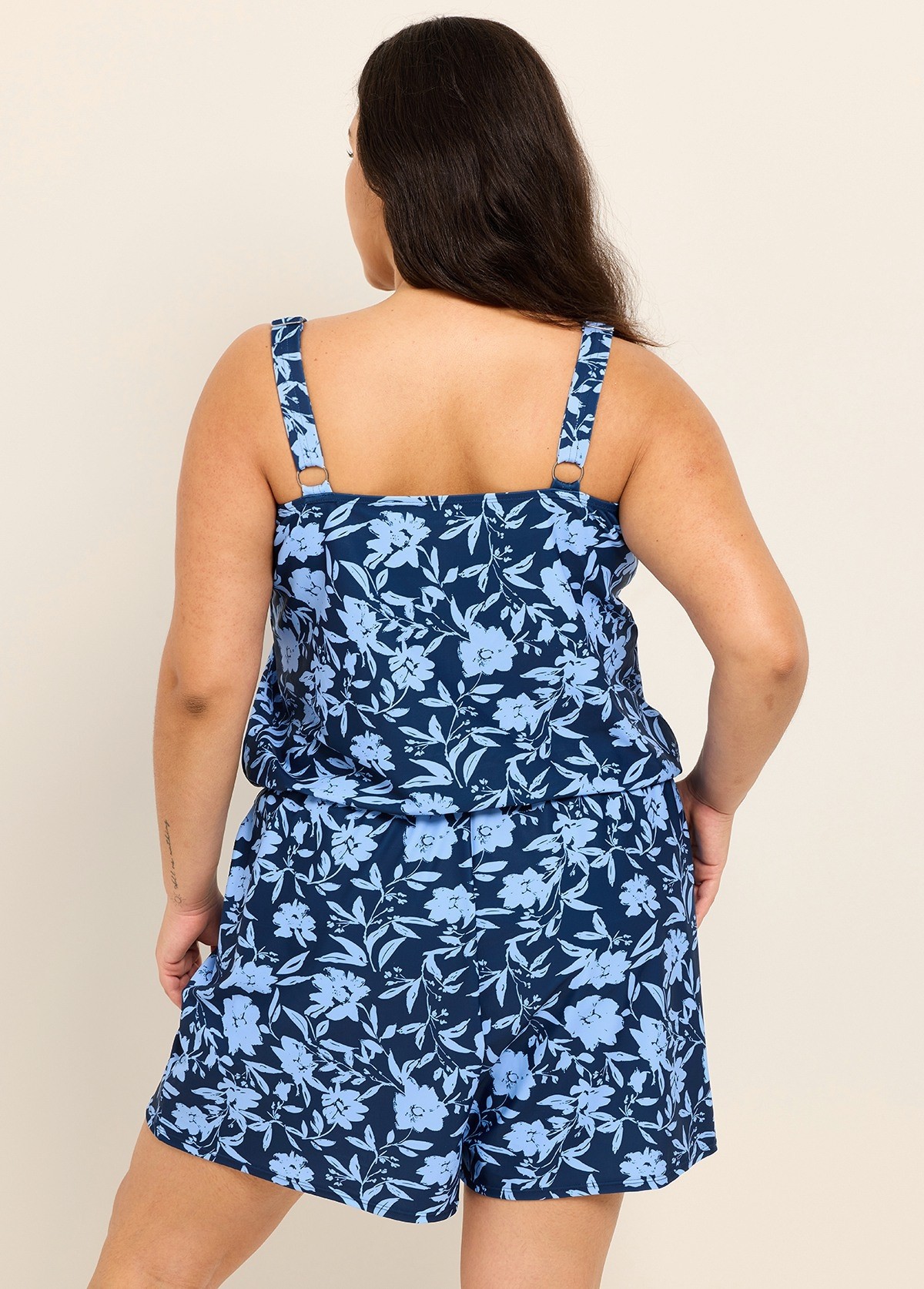 Plus Size Blue Floral Scoop Neck Modest Wide Straps Pocket Swimsuit One Piece Swim Romper