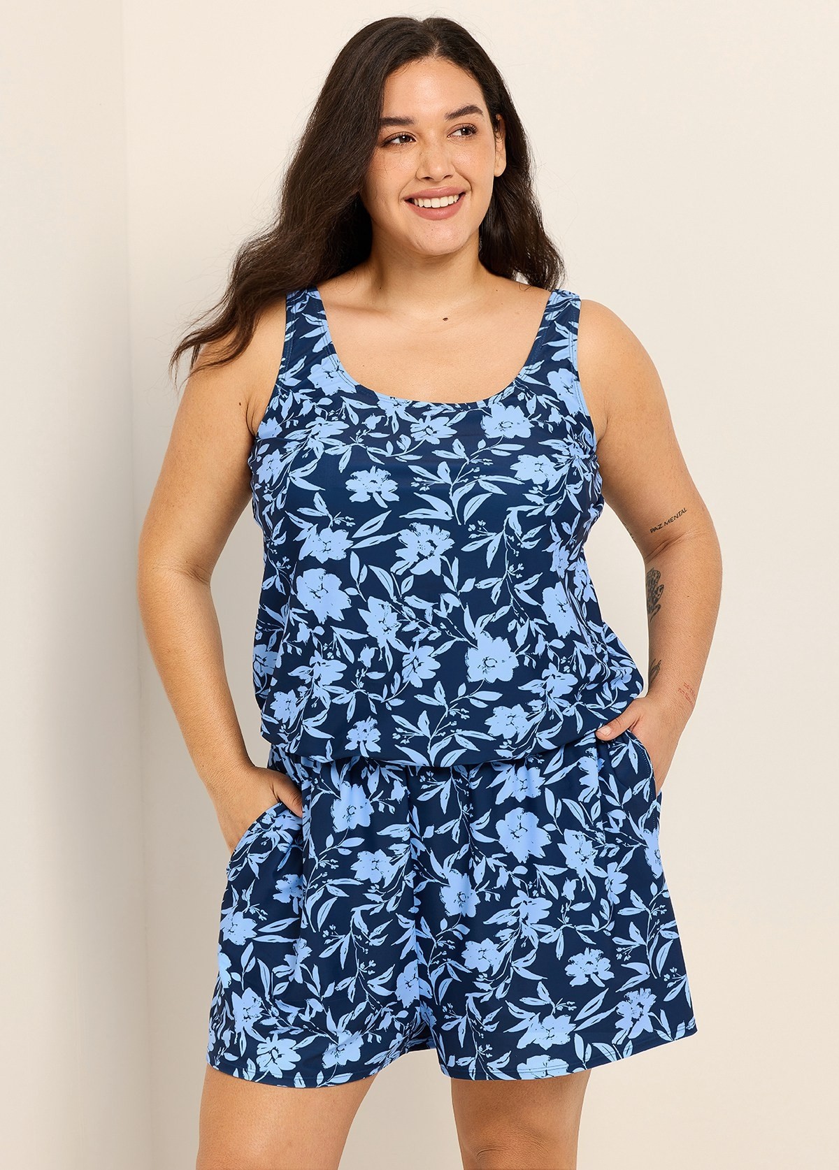 Plus Size Blue Floral Scoop Neck Modest Wide Straps Pocket Swimsuit One Piece Swim Romper