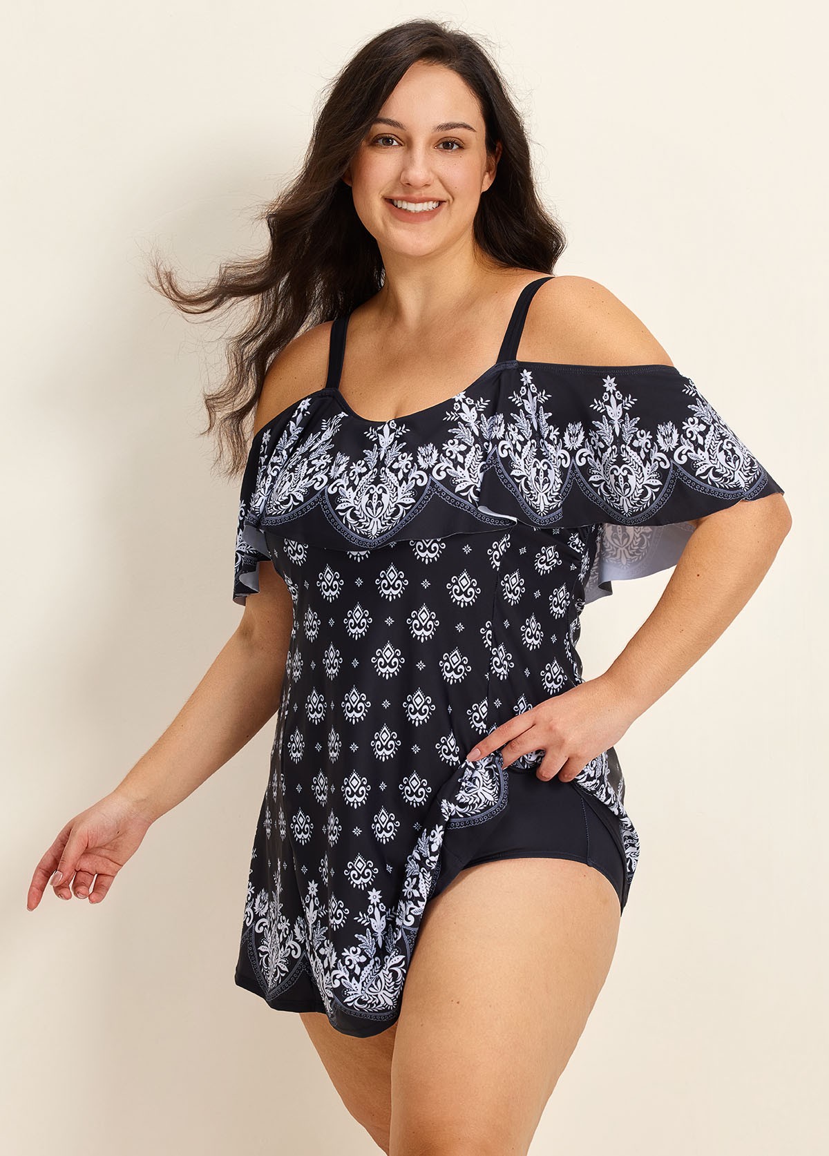 Plus Size Baroque Pattern Print Off The Shoulder Modest Women's Swimsuit One Piece Swimdress