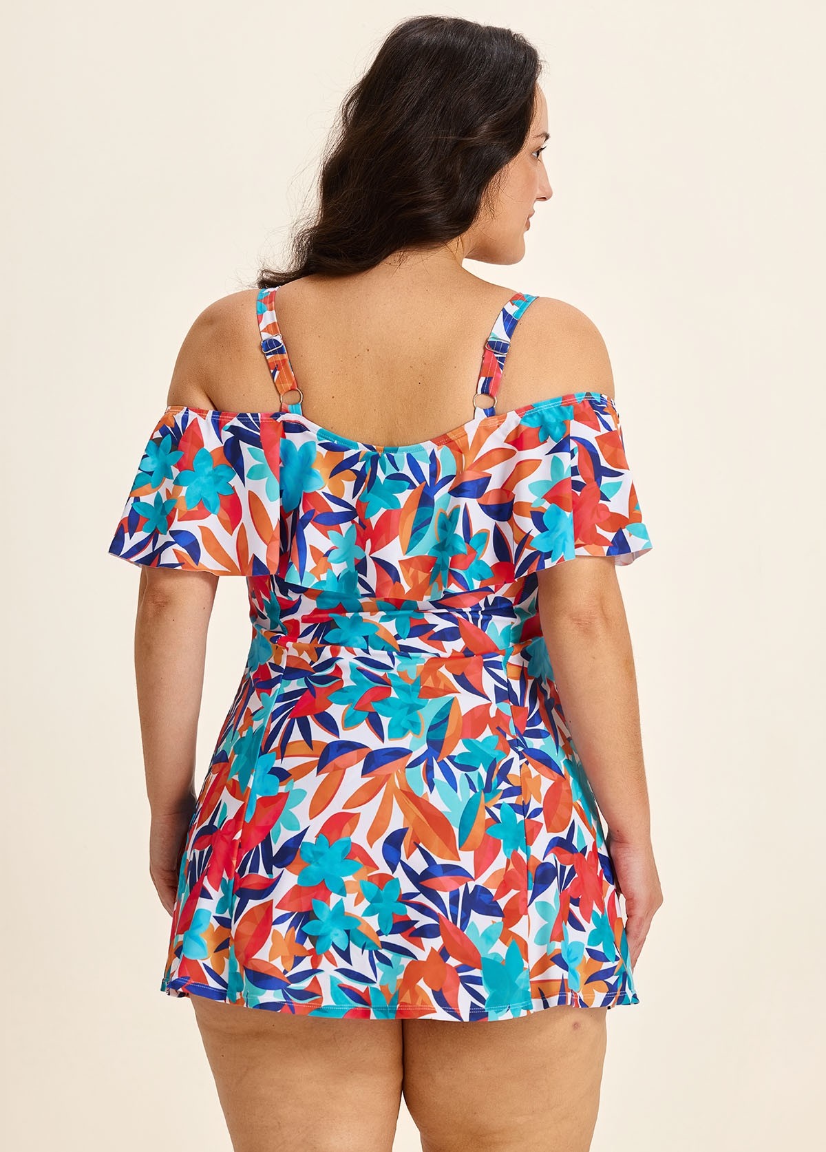 Curvy Colorful Tropical Leaf Off The Shoulder Modest Women's Swimsuit One Piece Swim Romper